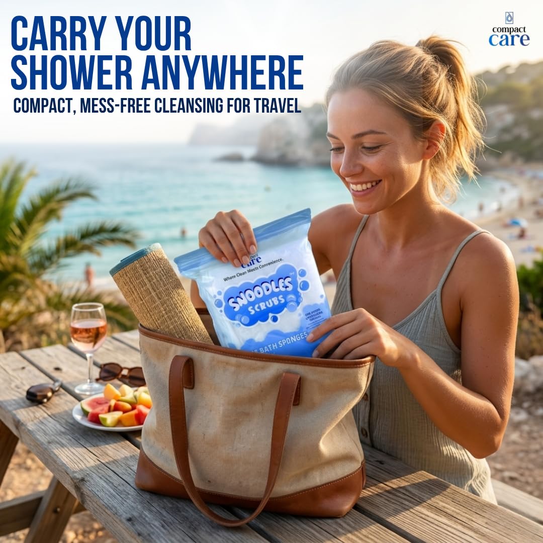 Snoodles Scrubs - Esponjas de baño sin enjuague, limpieza rápida con solo agua, alternativa a las toallitas corporales sin enjuague para camping, cuidados, viajes, uso de campo, hospitales, ancianos y