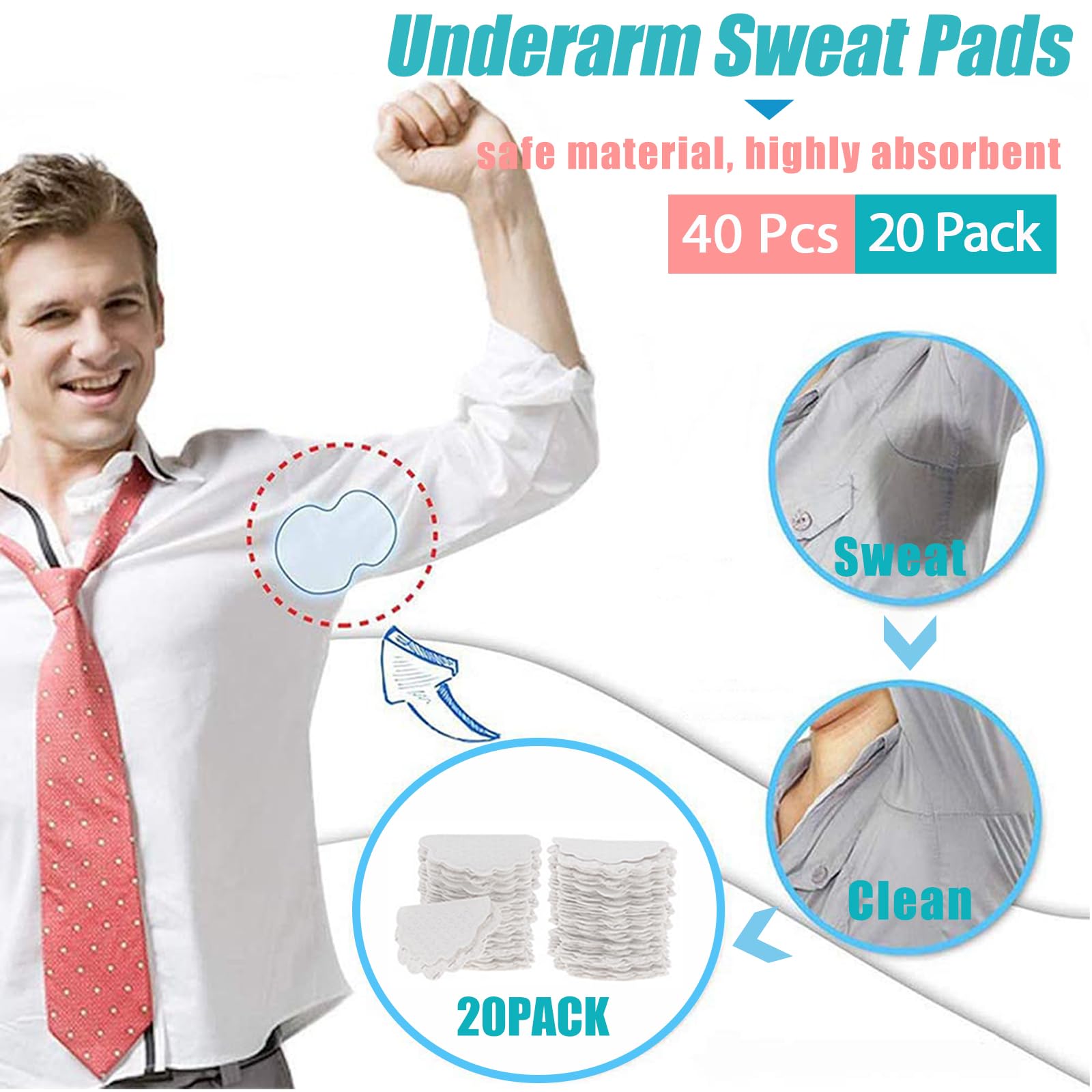 Almohadillas Sudor Axilas Mujer Hombre, 40 Parches Antisudor Axilas, Almohadillas Protectoras para el Sudor, Armpit Sweat Pads (40 Piezas / 20 Pares)