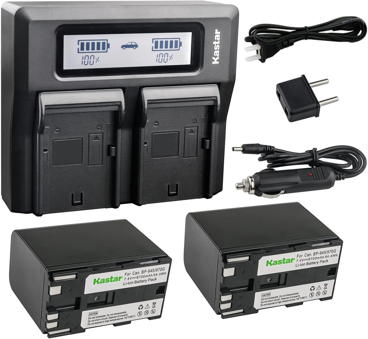 Kastar Fast LCD Charger + 2x Battery for Canon BP-970 BP-945 V420 V500 V520 XF100 XF105 XF200 XF205 XF300 XF305 XH-A1 XH-A1 HDV XH-A1S HD XH-A1sE HDV XH-G1 HDV XH-G1S XH-G1S HD XL-H1A XL-H1S XL-H1S HD