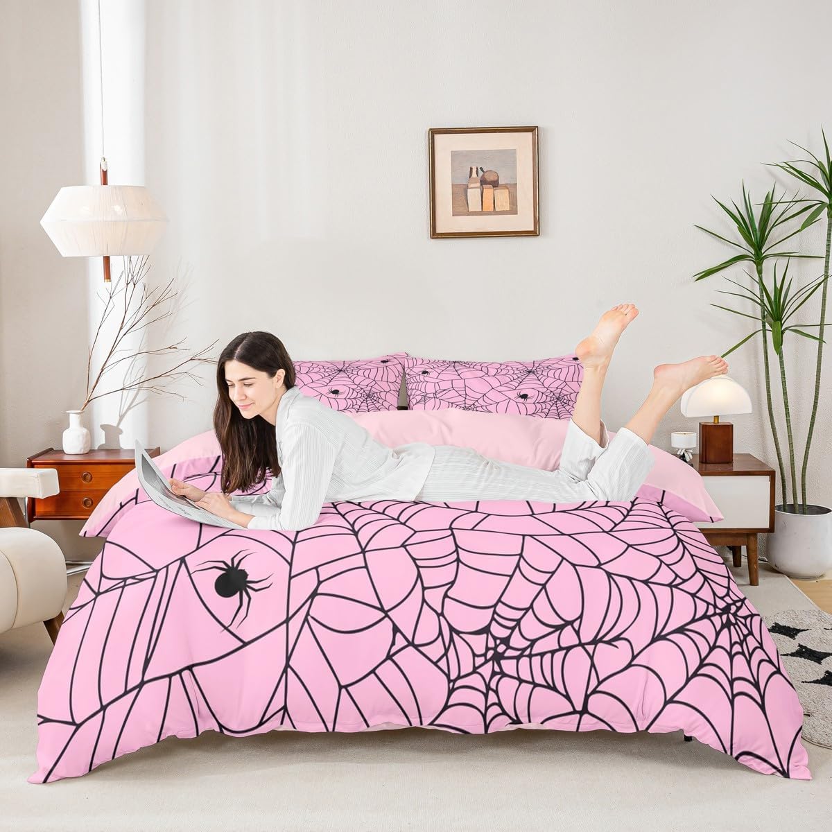 Feelyou Kids Pink Halloween Bedding Set King Size Pink Spider Web Duvet Cover for Girls Teens Bedroom Decor Halloween Spider Comforter Cover Women Pink Black Bedspread Cover with 2 Pillow Case
