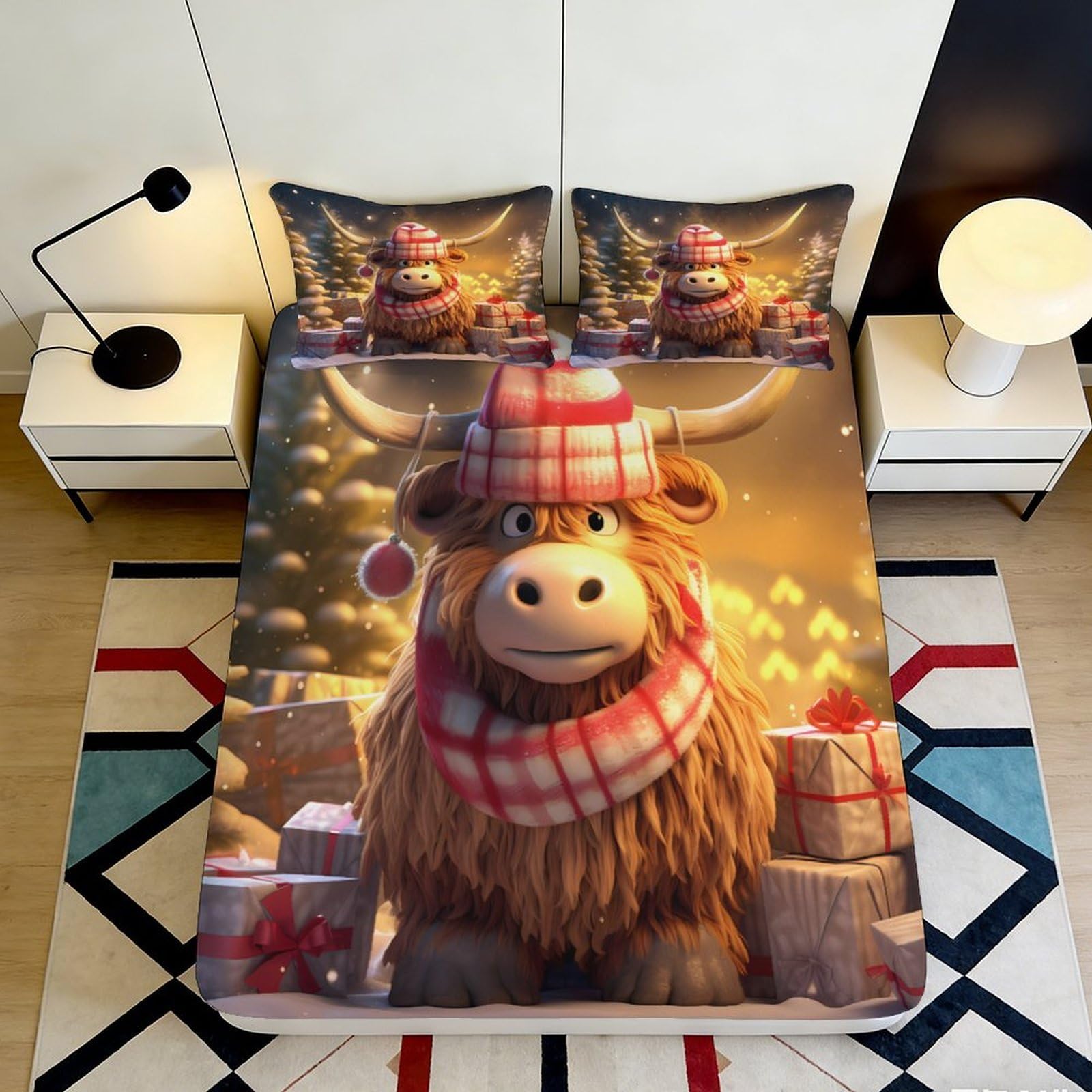 3D Printed Highland Cow Fitted Sheet Microfiber Soft Decorative Scottish Plaid Bed Cover for Bedroom Guest Room 90x200x25cm