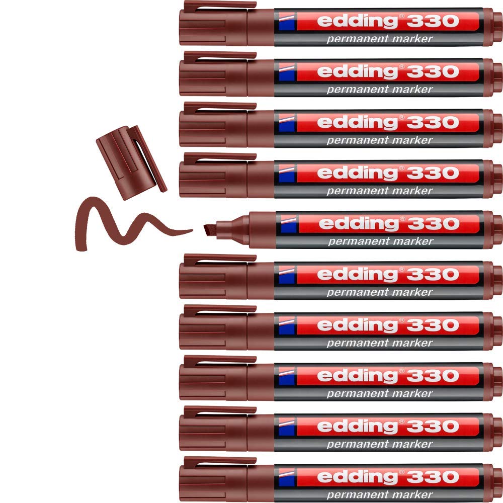 edding Marker permanentny 330 - brązowy - 10 długopisów - końcówka dłuto 1-5 mm - wodoodporny, szybkoschnący, odporny na rozmazywanie długopisów - do kartonu, plastiku, szkła, drewna, metalu i tkaniny