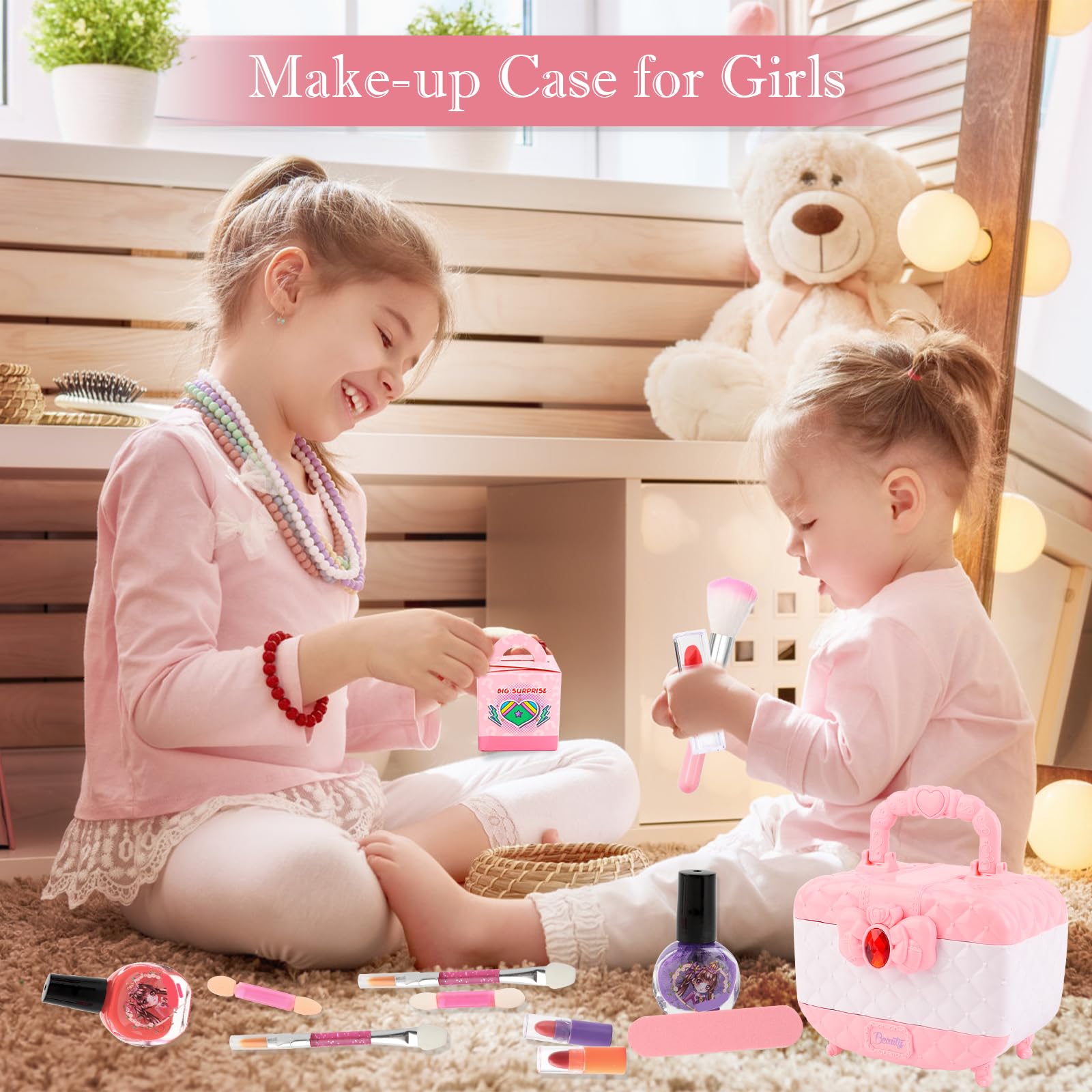 Kit Maquillage Enfant Lavable - Mallette Rose Avec Bijoux, Pince à Cheveux, Pour Filles 3-12 Ans