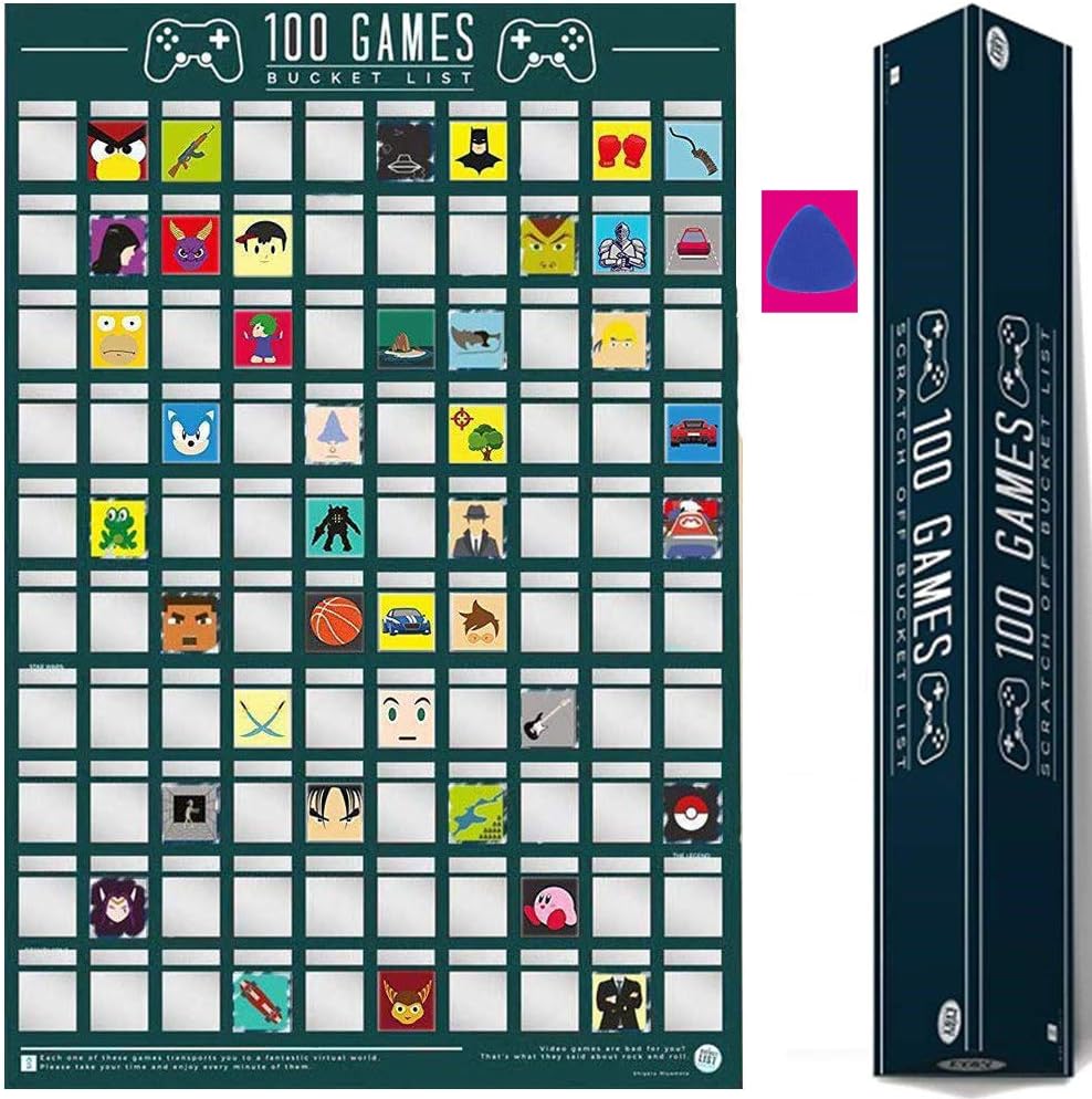 100 Games Scratch Off Poster Bucket List - Comes With Special Triangle Gift Tube Scratching Pick, Novelty Wall Decor High Quality Paper