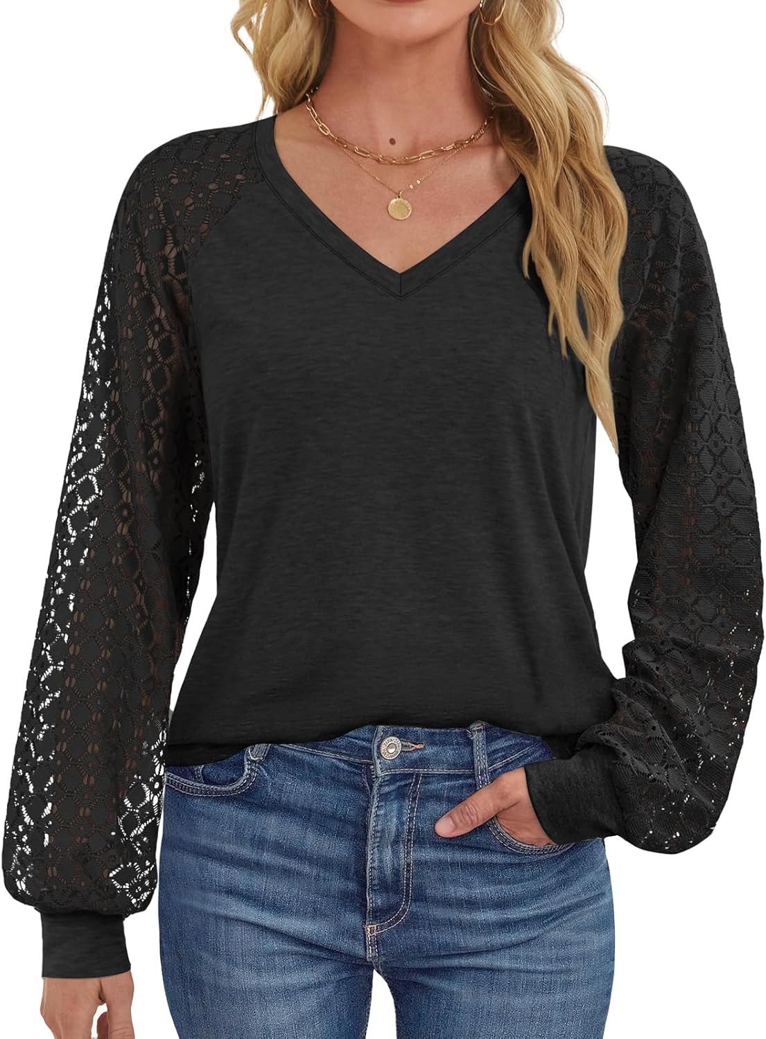 ATHMILE Womens Long Sleeve Shirts V-Neck Lace Tops Business Casual Blouses Tee 2025 Trendy Fall Fashion Outfits Clothes
