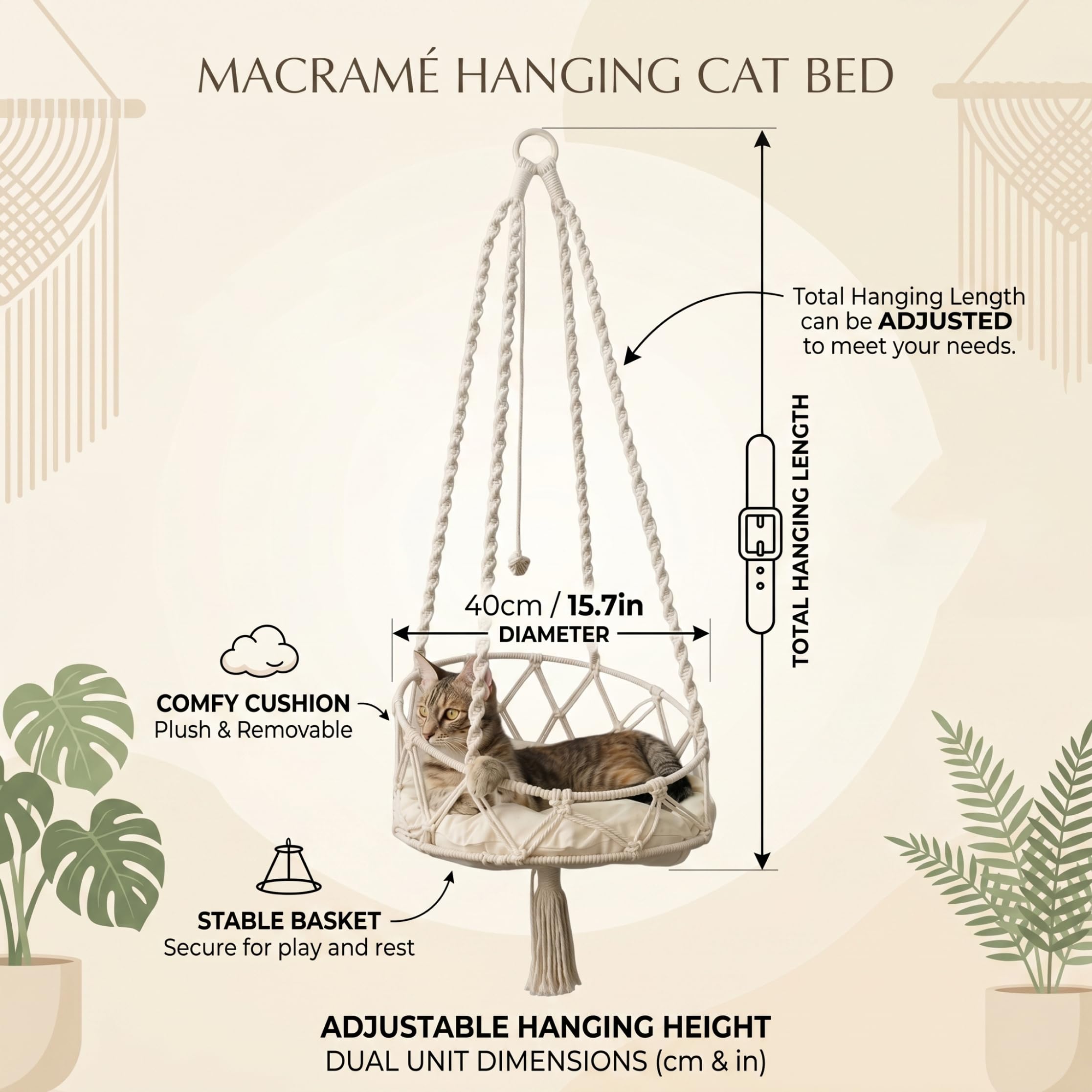 Handgewebte hängende Katzenbett-Hängemattenschaukel mit weichem Kissen und Bommel, Wand- oder Fenstermontage, weißes Katzenzubehör für drinnen und draußen