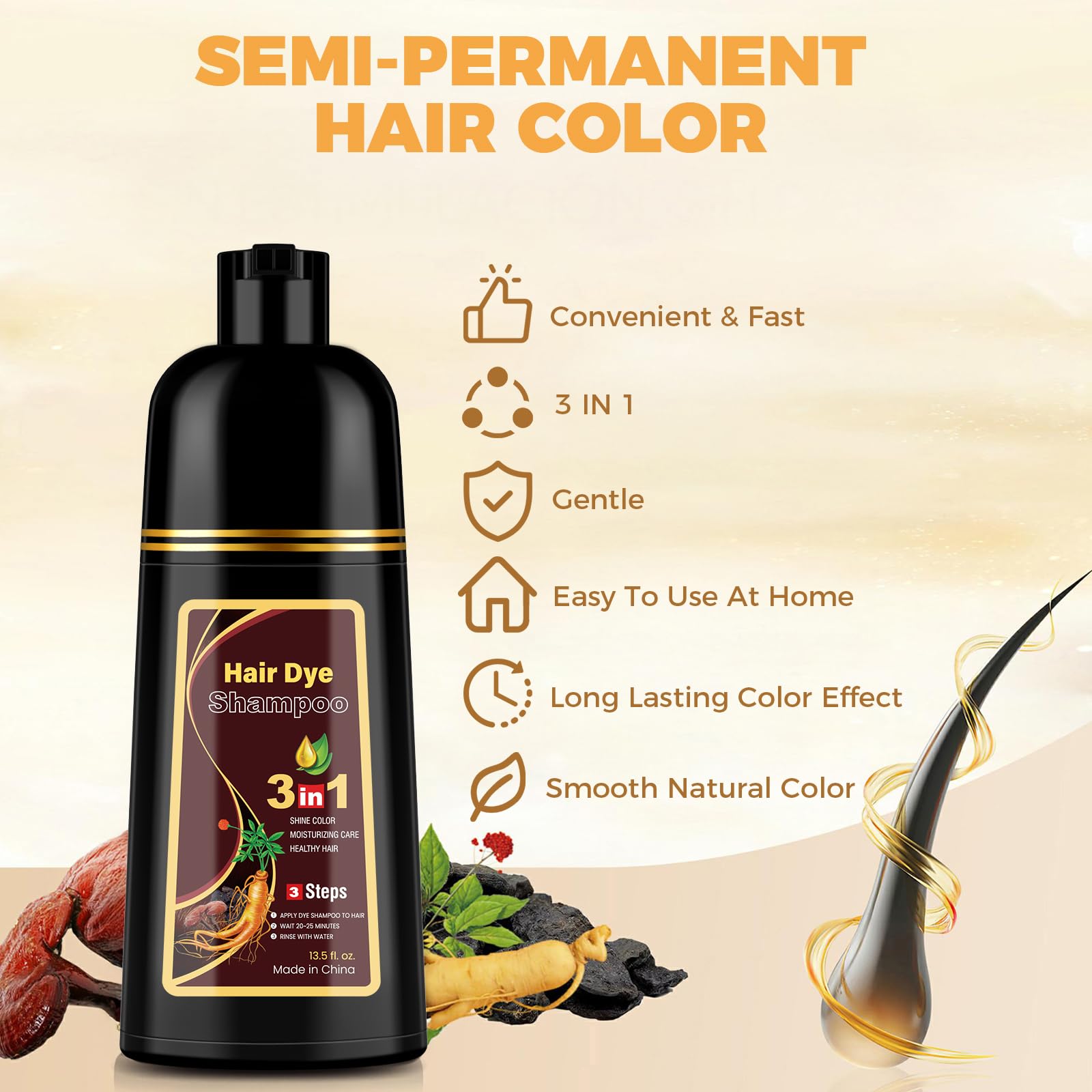 3-in-1 Hair Color Shampoo for Gray Hair Coverage with Herbal Ingredients, 16.9 Oz