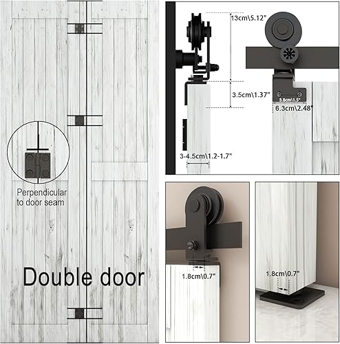 Miniatura 7 de Kit de herrajes para puerta corrediza de granero de 30 pulgadas para 2 puertas, se desliza suavemente silenciosamente, rodillo negro de montaje