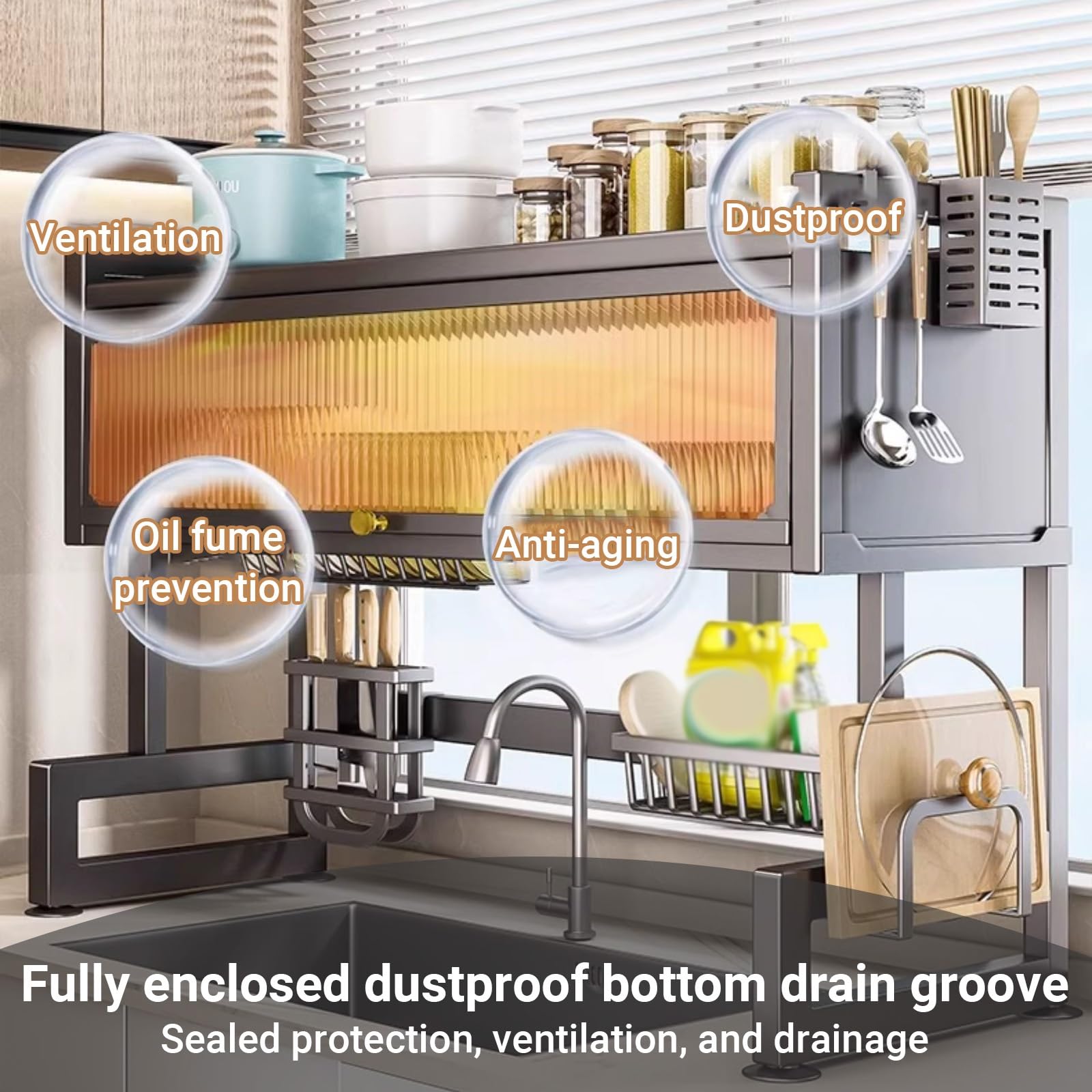 Escurridor de platos sobre el fregadero, organizador de almacenamiento de 3 niveles con puerta abatible transparente para platos, vasos, cuencos, cubiertos, estante grande para fregadero de cocina
