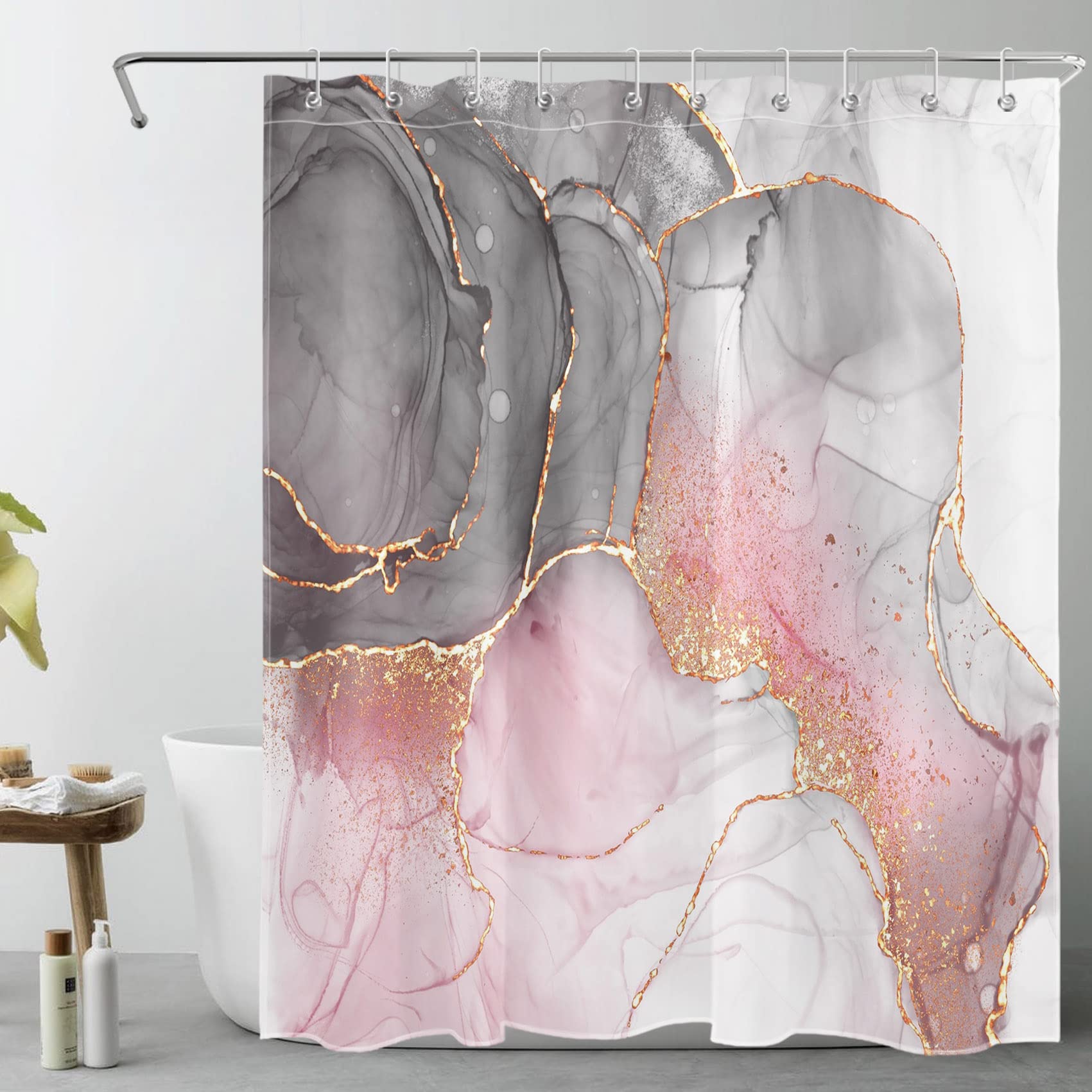 LB Grey and White Shower Curtain Decor,Pink and Black Marble Texture Modern Abstract Shower Curtain for Bathroom 60X72 inch Polyester Fabric Bathroom