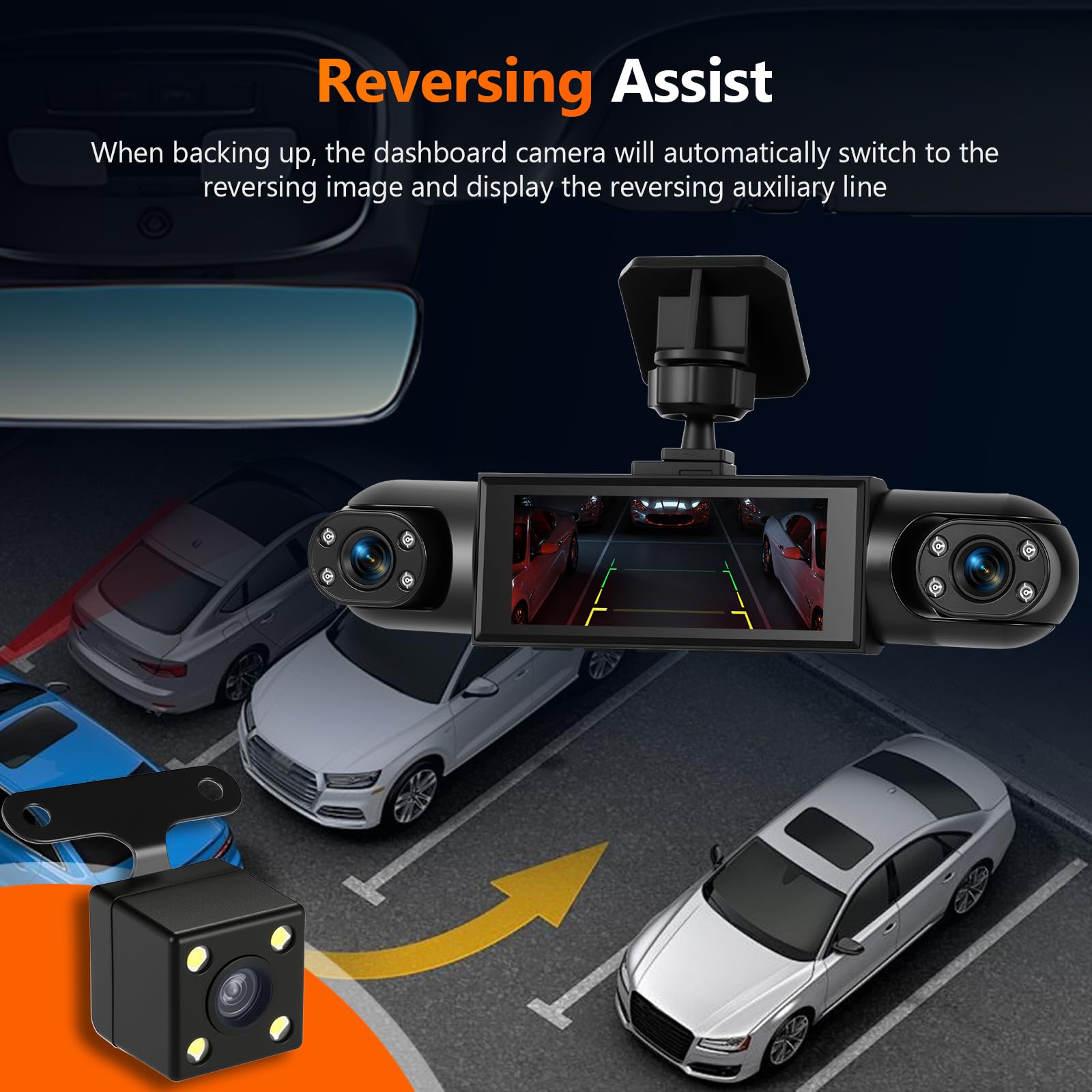 Mirror Dash Cam 4 Channel Front Rear, 3,16" Rückspiegel Kamera mit G-Sensor/Parking Monitoring/Night Vision/24H Parking Mode 360 Grad Schutz+ 64GB Karte