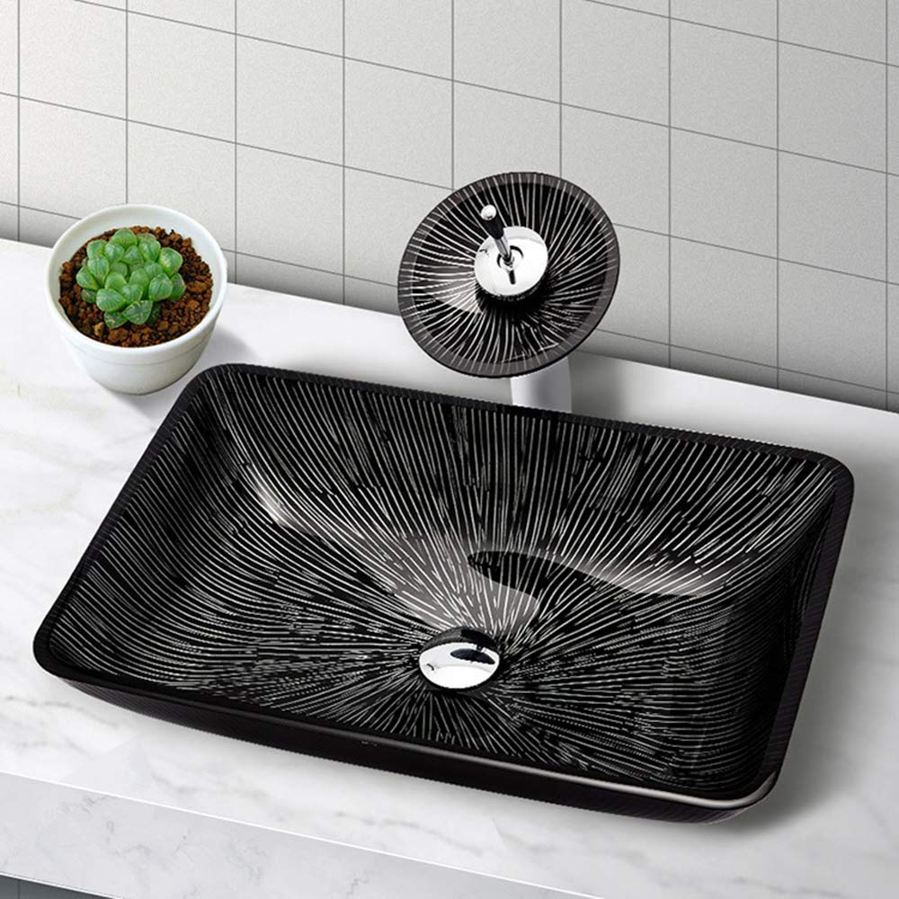 WOTZOV Cabinet Countertop Sink Artistic Tempered Glass Vessel Sink Bathroom Sink And Faucet Combo With Faucet,Black,A,Black B