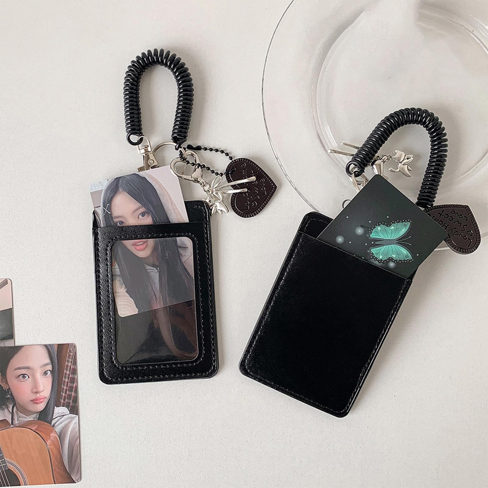Breloczek na karty fotograficzne - uchwyt na identyfikator ze skóry PU z klamrą na nadgarstek w kształcie serca przezroczyste etui na dowód osobisty studenckie karty VIP, sznurek