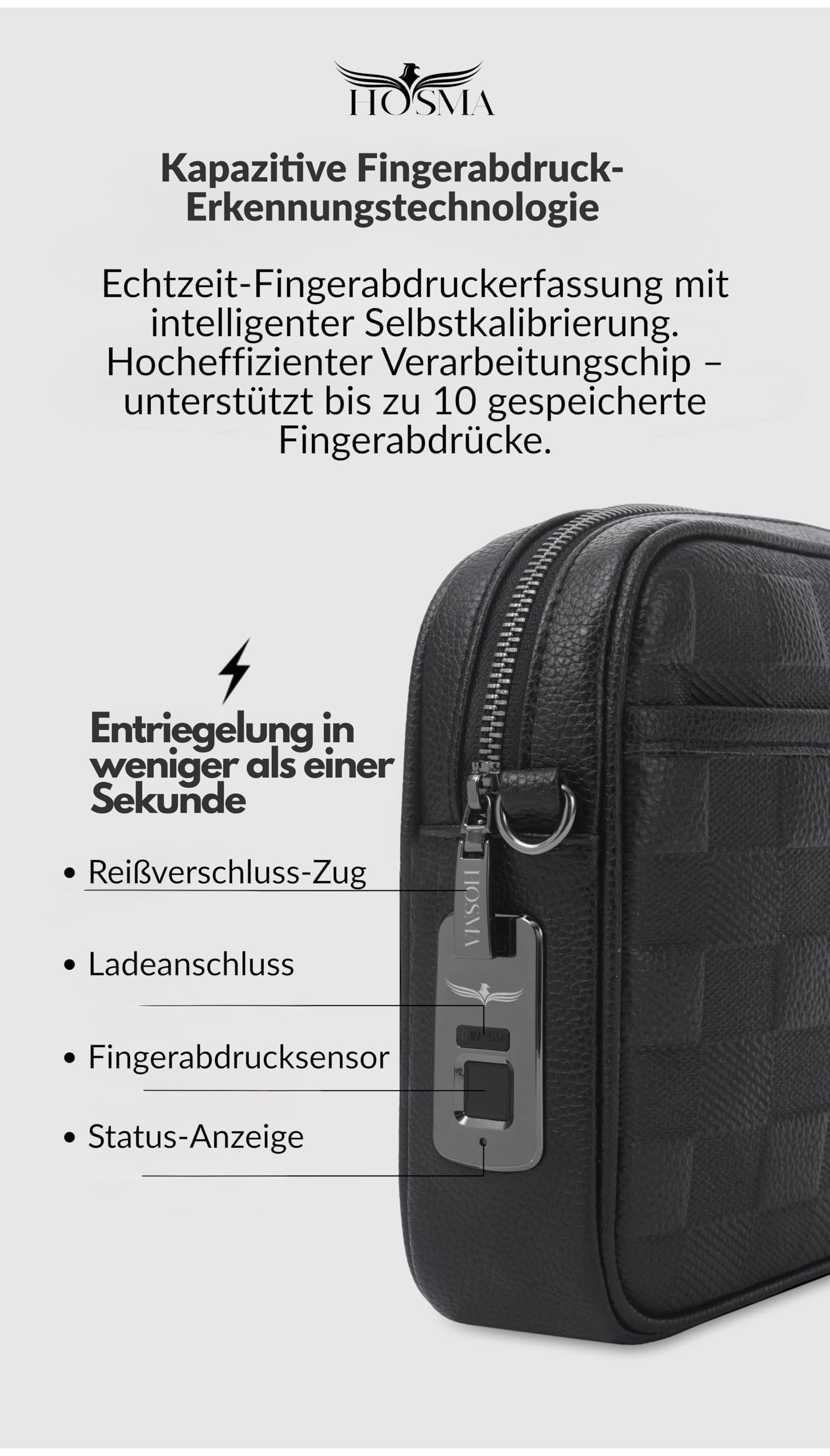 Smart Crossbody Tasche aus Echtleder mit Fingerabdruck-Schloss – Diebstahlsicher, USB-C, Schwarz, 23,5×20×5 cm