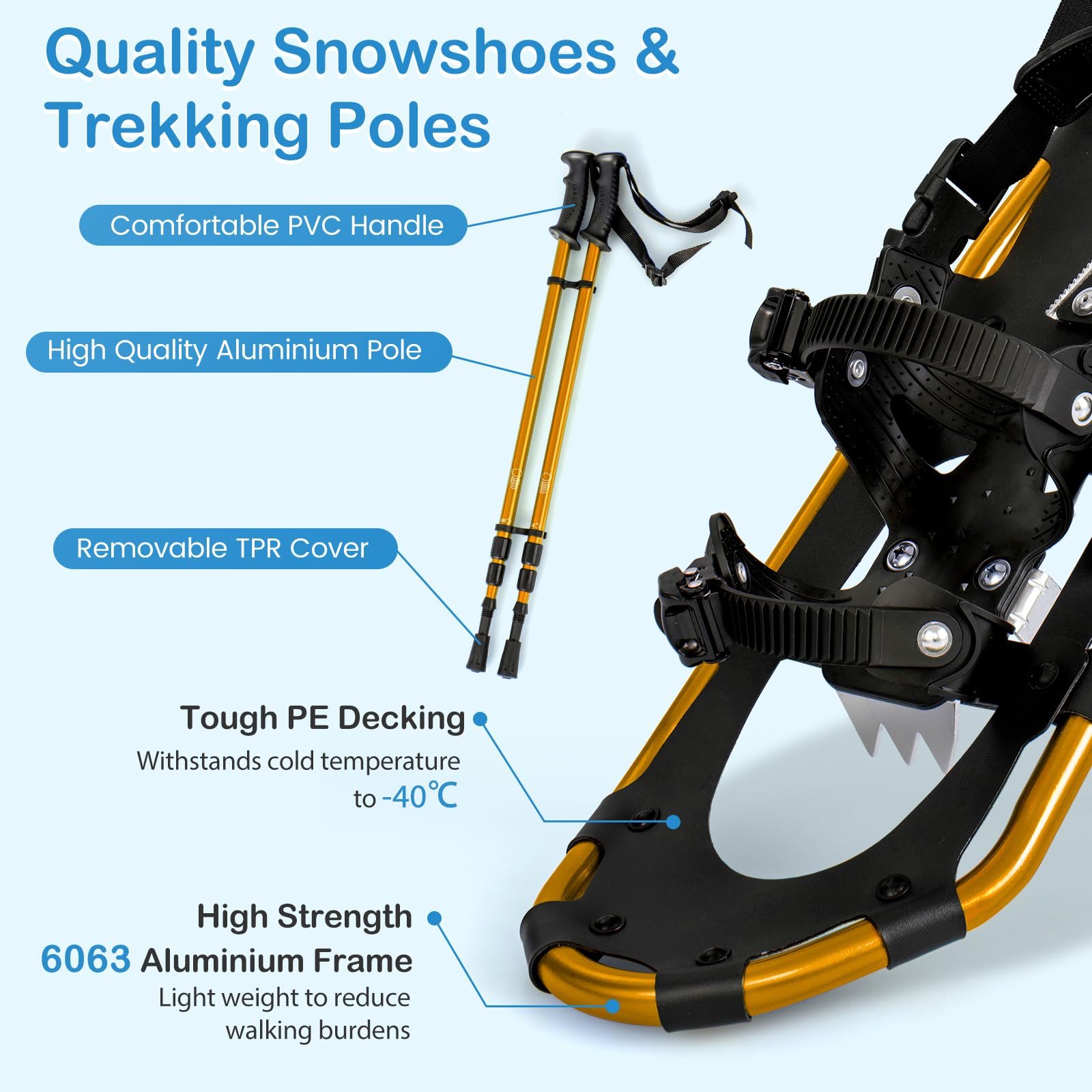 SOARS Kit de Raqueta de Nieve 4 en 1, Raquetas de Aluminio con Bastón Telescópico, Bolsa de Almacenamiento, Polainas Impermeables, para Mujeres, Hombres, Niños