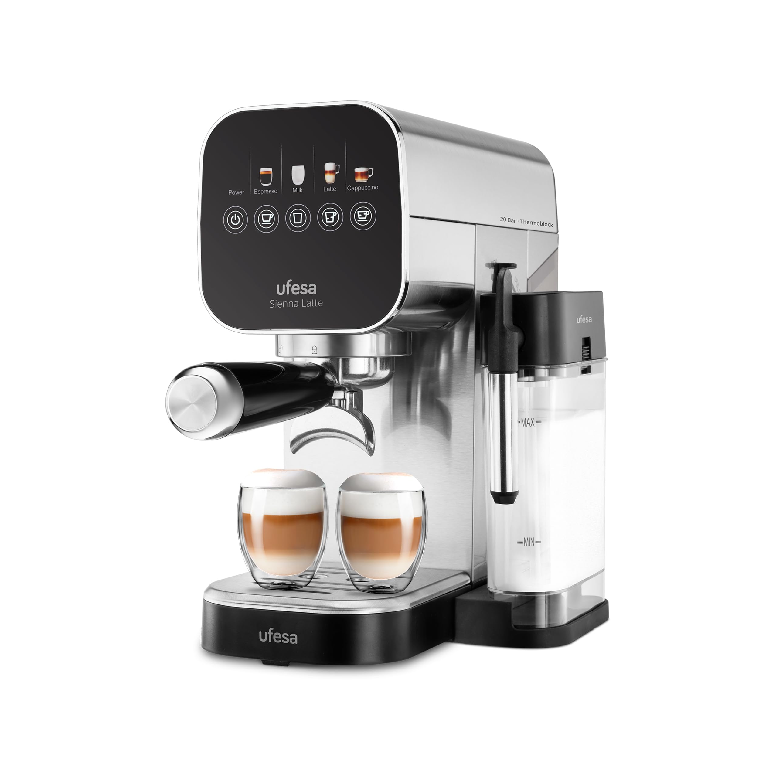 Ufesa Cafetera Espresso Sienna Latte 20 Bares con Panel Táctil – Sistema Thermoblock, 1360W, Vaporizador, Depósito de Leche 400ml, Depósito Agua 900ml, Bandeja Calienta-Tazas, Diseño Compacto