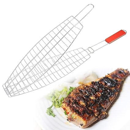 DHYANI Stainless Steel Portable Barbecue Fish Grill Net Basket with Wooden Handle Roast Grilling Single Fish Meat Basket BBQ Tool [Multicolour]