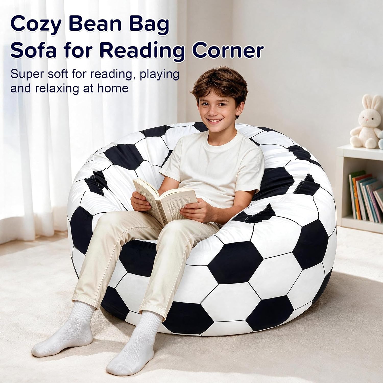 Soccer Ball Bean Bag Chairs for Teens, Soft Memory Foam Inner with Removable Machine Washable Velvet Cover, Soccer Bean Bag Sofa for Bedroom, Living Room, Gaming - (36Inch)