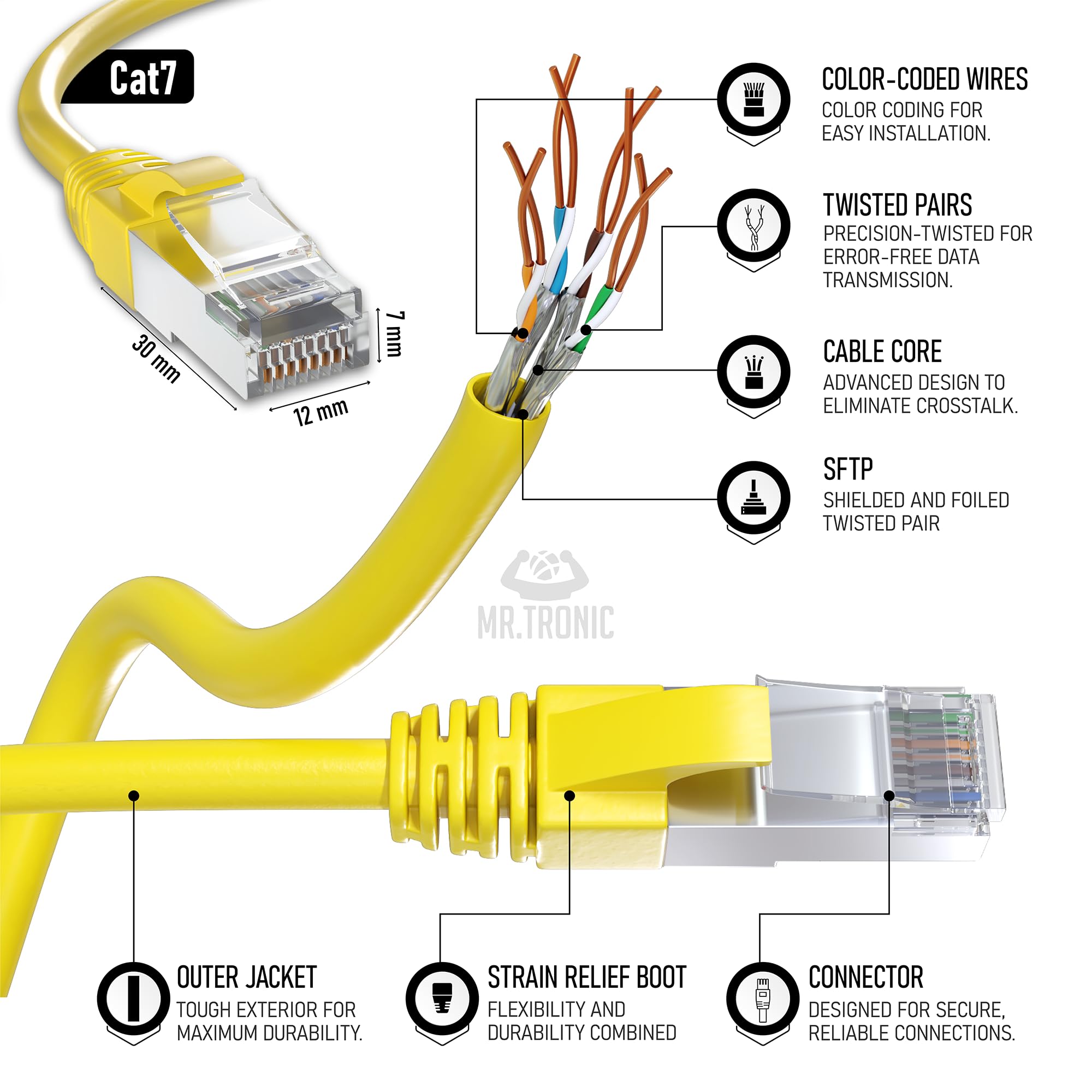 Mr. Tronic 10m Cable de Red Ethernet Trenzado | CAT7, SFTP | Conectores RJ45 | LAN Gigabit de Alta Velocidad | Conexión a Internet | Ideal para PC, Router, Modem, Switch, TV (10 Metros, Amarillo)