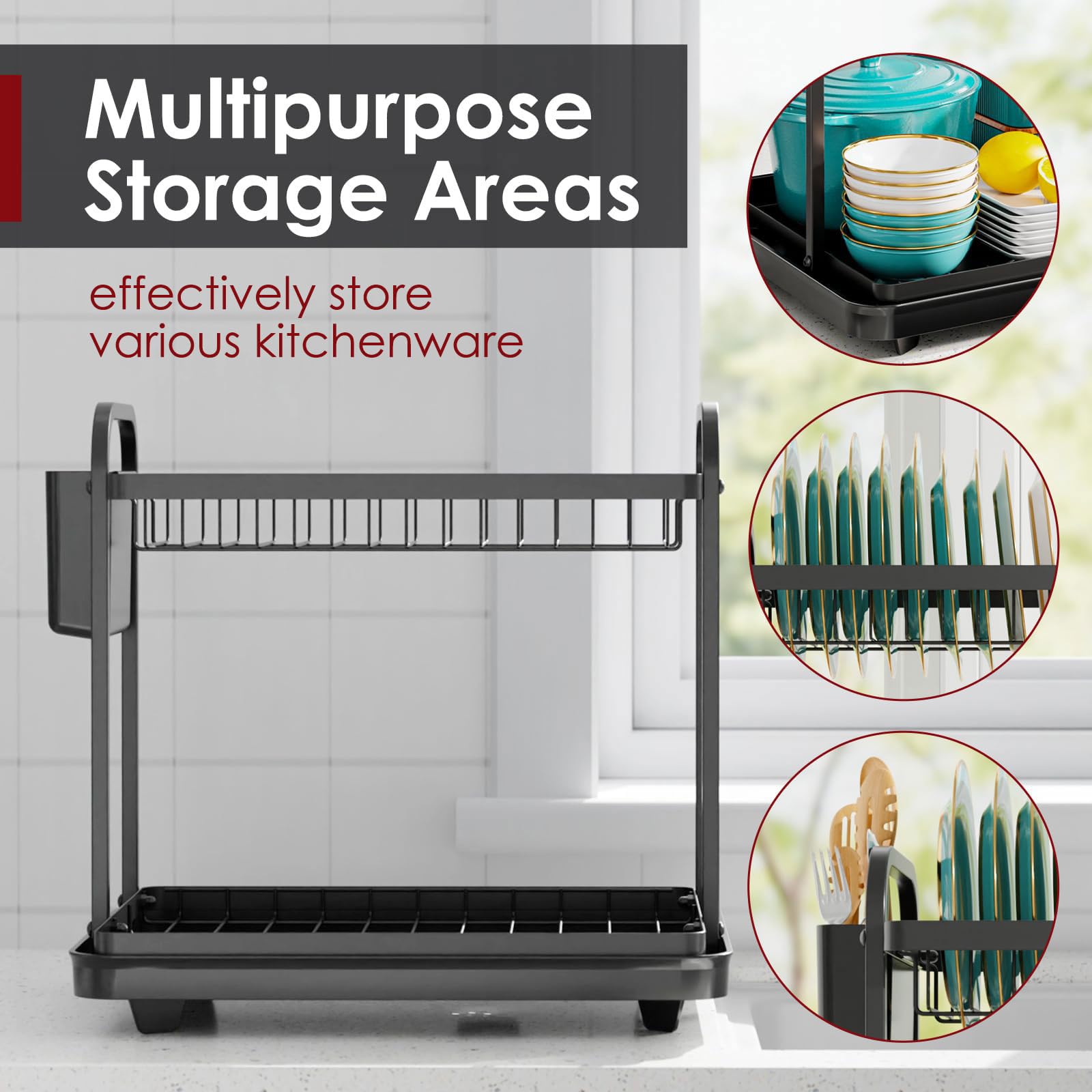 Abtropfgestell Geschirr 2-stufiges Abtropfgestell aus Edelstahl mit Besteckhalter Platzsparender Küchenorganizer Multifunktionaler Geschirrständer für die Küchentheke Schwarz 38*28*38cm