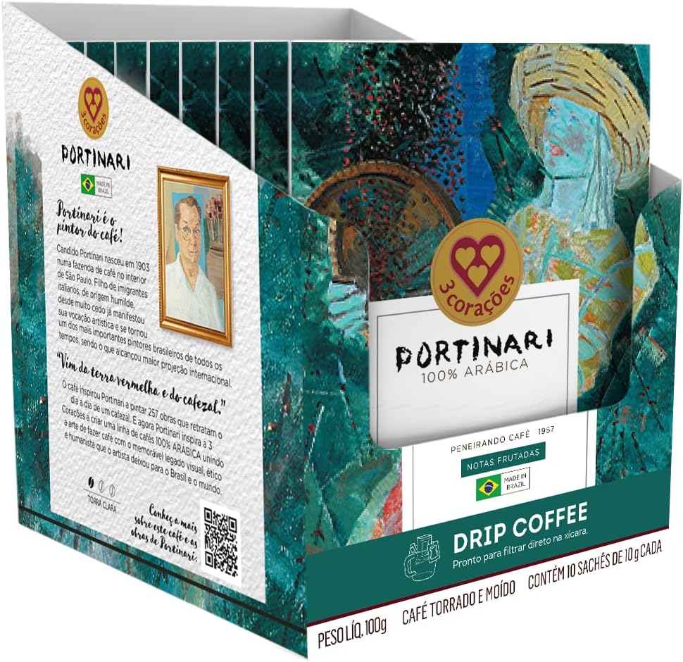 3 Corações Café Drip Coffee Gourmet Portinari, Notas Frutadas - contém 10 unidades 3 Corações Café Drip Coffee Gourmet Portinari, Notas Frutadas - contém 10 unidades