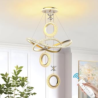 Modern Gold LED Chandeliers, Dimmable Pendant Light Dining Room Light Fixtures Over Table with Remote Control Adjustable Modern Chandeliers with Crystal Flower for Kitchen Island Living Room Bedroom