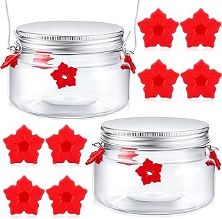 Rtteri 2 Pcs Mason Jar Hummingbird Feeder with 8 Hummingbird Feeders Replacement Flowers Plastic Hummingbird Feeders Mason Jar Hummingbird Feeder with 4 Ports for Outdoor Hanging Yard Garden Decor