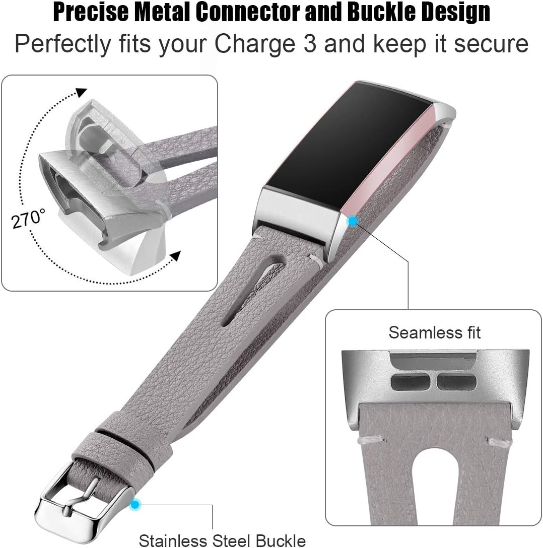 Maledan Bands Compatible for Charge 4 and Charge 3/Charge 3 SE Fitness Activity Tracker, Slim Genuine Leather Band Replacement Accessories Strap for Women Men, Large, Gray