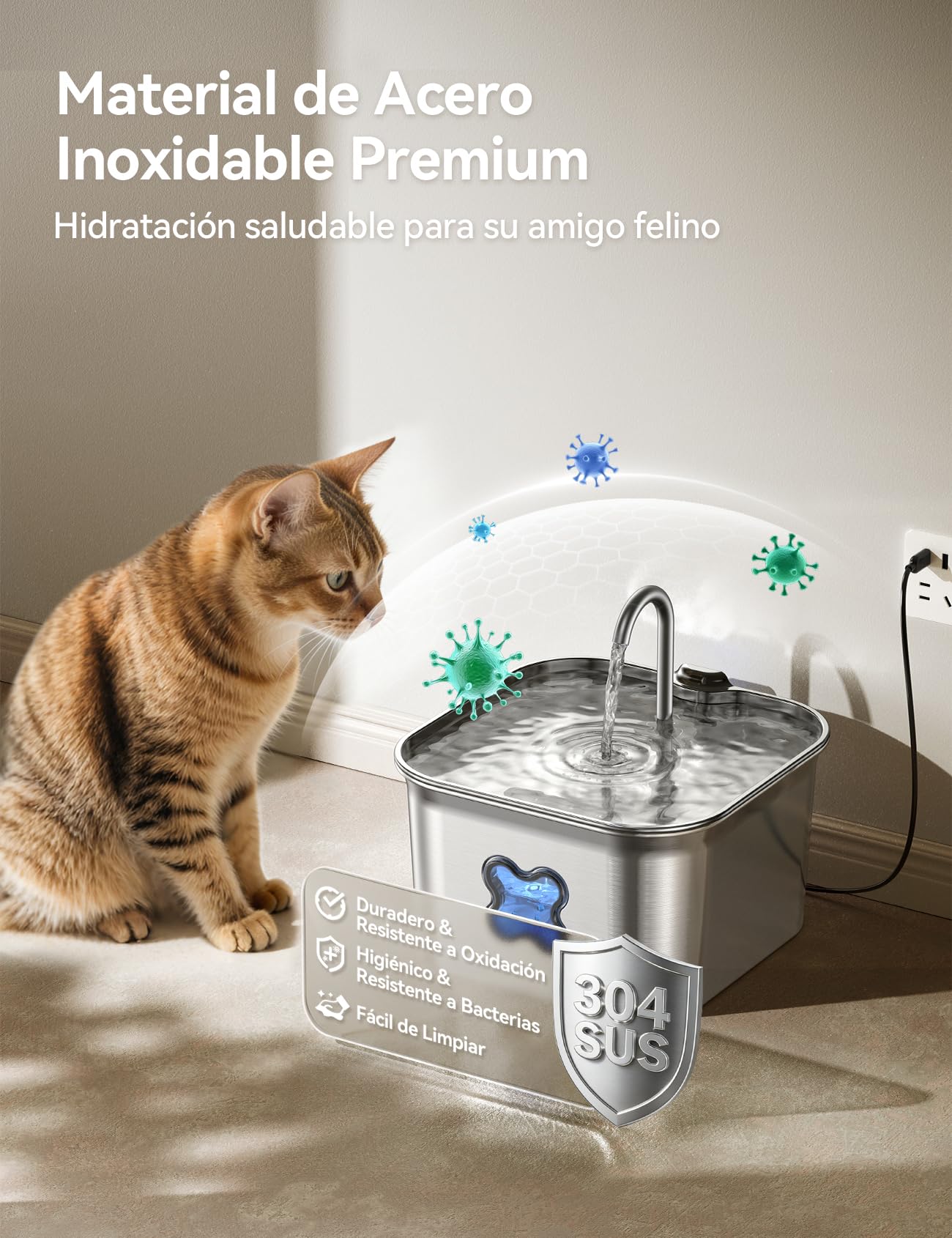 FEELNEEDY Fuente para Gatos Acero Inoxidable 2,8L, Bebedero Gatos con Cable y Filtración de Cuatro Capas, Fácil de Limpiar, Apta para Lavavajillas