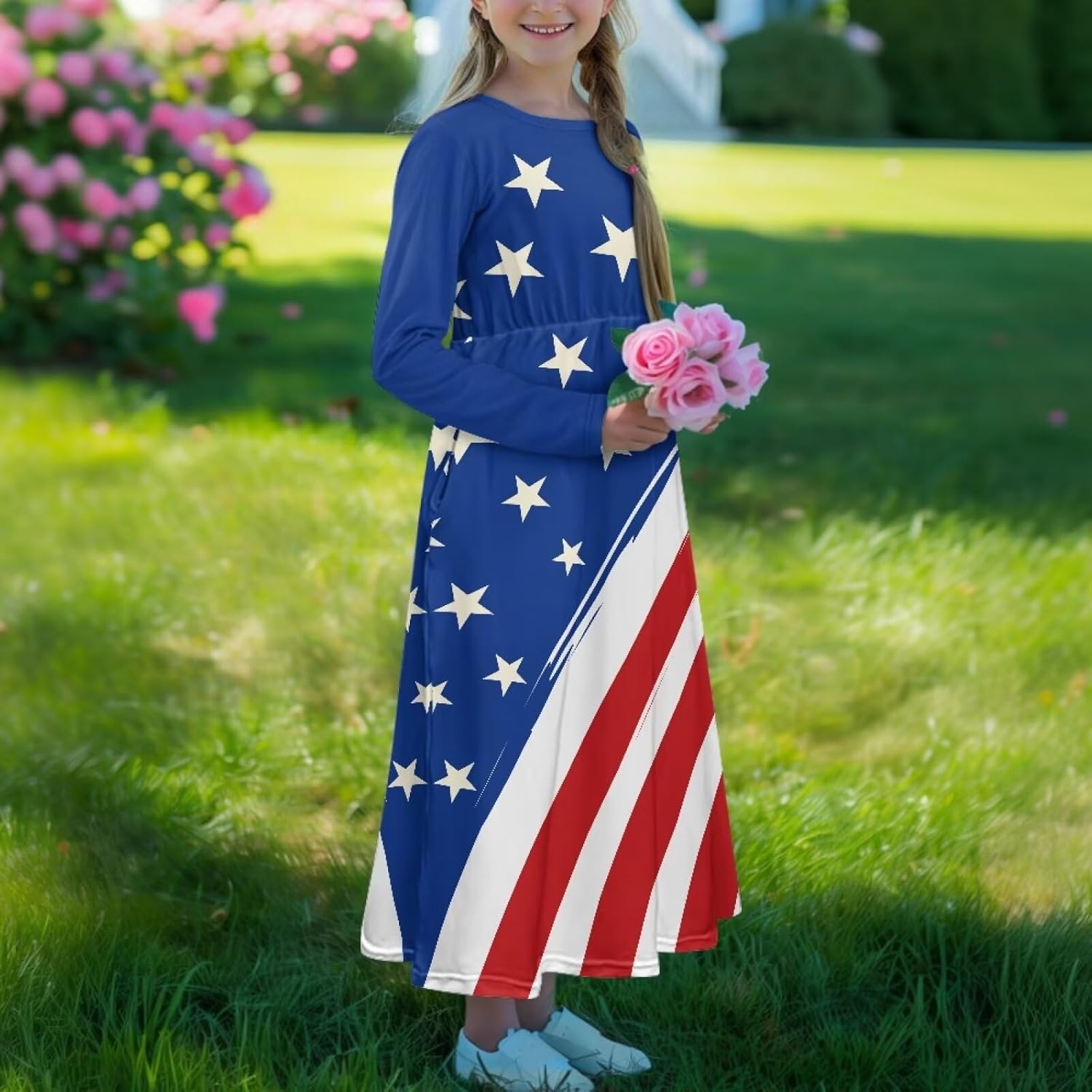 Upetstory Long Sleeve Maxi Dress for Girls Holiday Dresses with Pocket 5-14 Year - Image 3