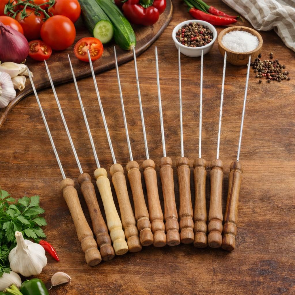 Stainless Steel BBQ Skewers – Pack of 12 | Flat Metal Kebab Sticks with Wooden Handle for Grilling, Shish Kebab, Barbecue | Reusable Grill Tools for Home, Party & Picnic-image-42