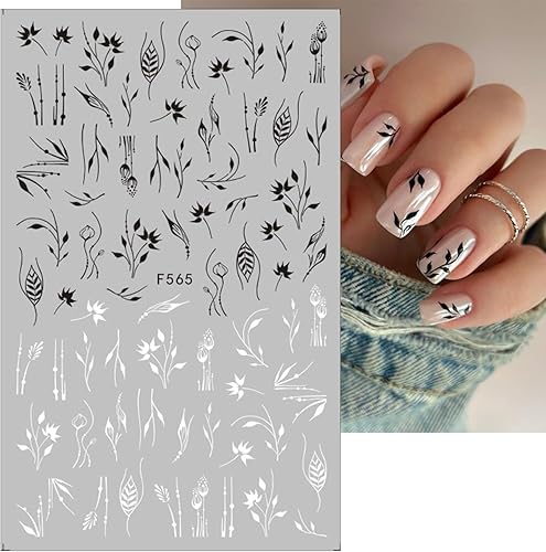 Miniatura 6 de 8 hojas de calcomanías de arte de uñas de flores negras 3D autoadhesivas en blanco y negro, diseño de mariposas, diseño de arte de uñas, clásico de