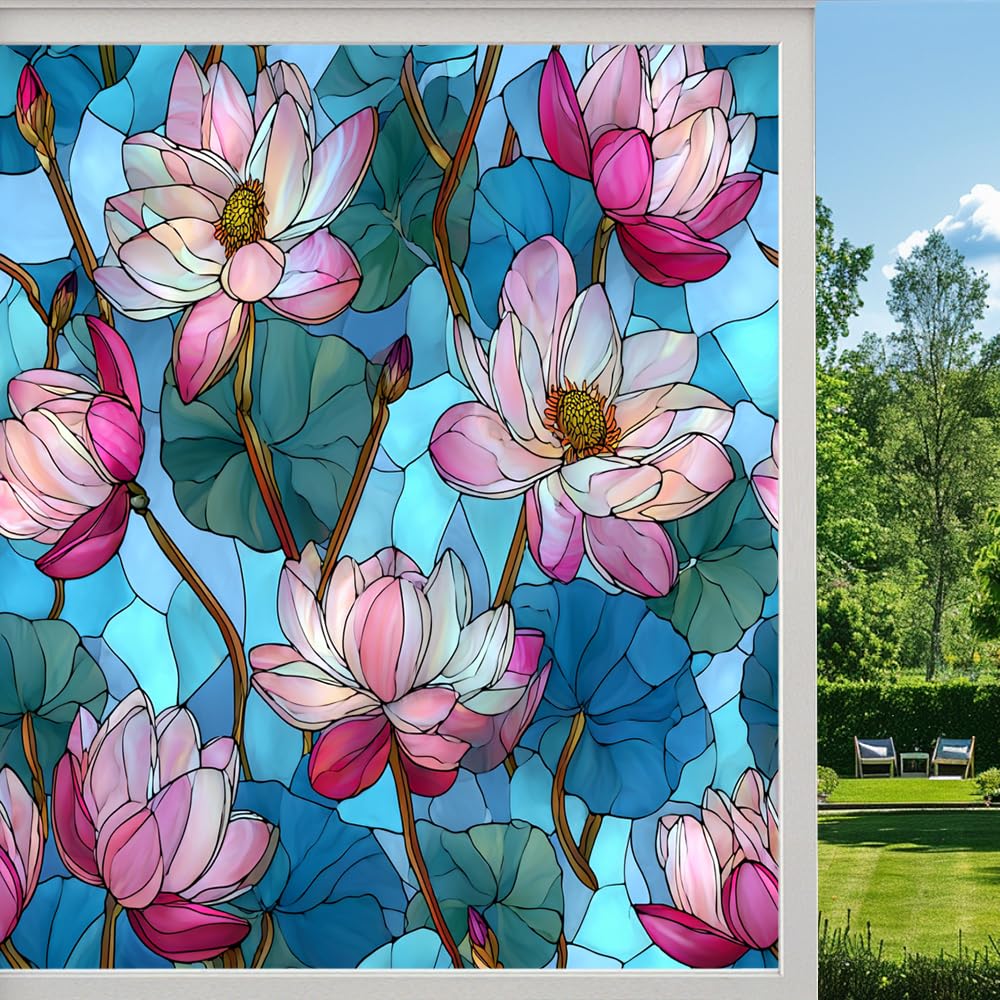 Beautiful Lotus Stained Glass Window Film, Natural Floral Pond Plants Peel and Stick Privacy Film, Frosted Adhesive Vinyl Decorative for Bathroom Windows Glass Doors, （45x100cm）