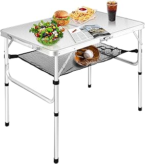 FURFIMU Medium Folding Table,2 Adjustable Height Foldable Table,3Ft Portable Camping Table,Outdoor Folding Table with Net Mesh，Folding Beach Table,White Metal Folding Table for Patio BBQ Backpacking