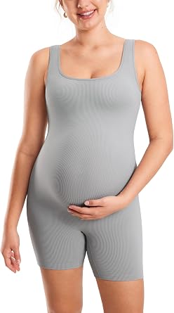 MOMANDA Womens Maternity Bodysuit Ribbed Sleeveless Shorts Jumpsuit Square Neck Tank Top Romper for Pregnancy