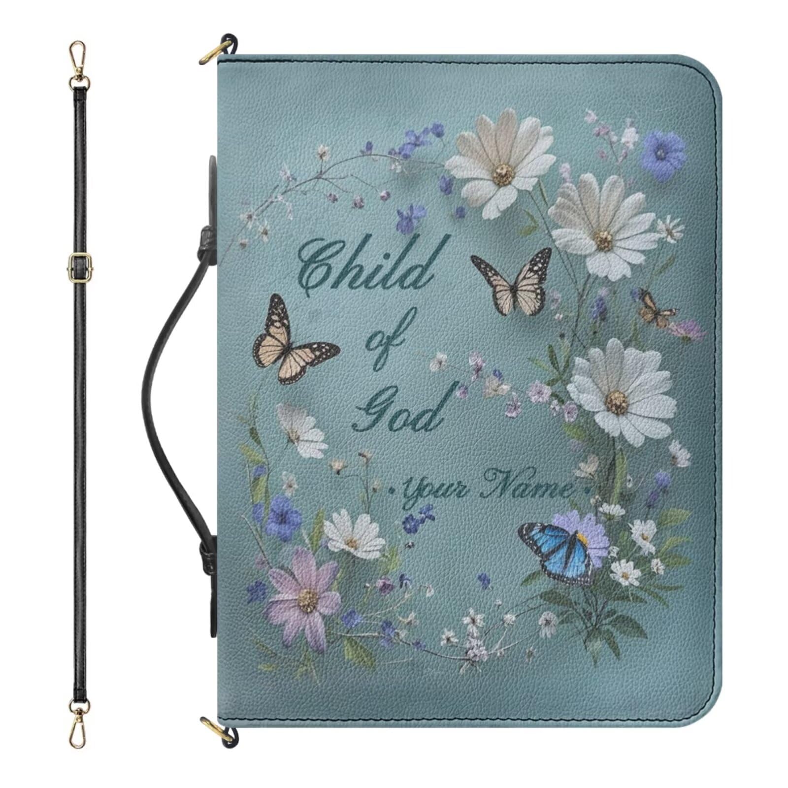 Drnuikhe Custom Bible Carrying Case for Women, Personalized Bible Cover with Name, Butterflies and Daisies Print Bible Organizer with Strap Handle Inner Pockets and Pen Loop, Bible Study Supplies