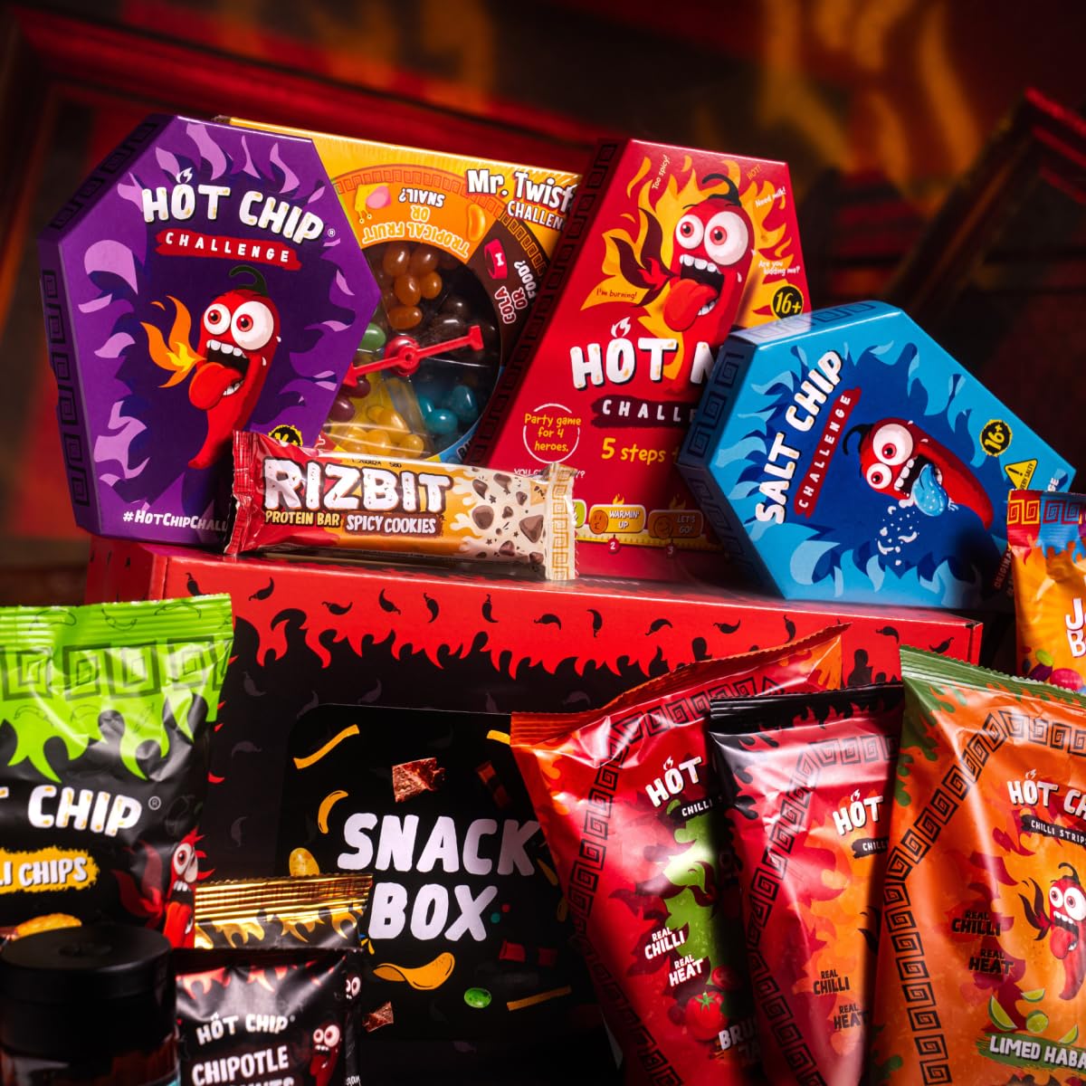 HOT CHIP Gift Set Snack Box – 16-teiliges Schärfe-Geschenkset mit Chips, Jerky, Nüssen & Süßigkeiten – Scharfe Snacks probieren & verschenken – Für Männer, Foodies & Mutige