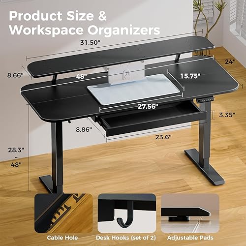 Miniatura 2 de COMHOMA Escritorio eléctrico de pie con cajones, escritorio de pie para sentarse de 48 x 24 pulgadas con soporte para monitor, soporte para laptop,