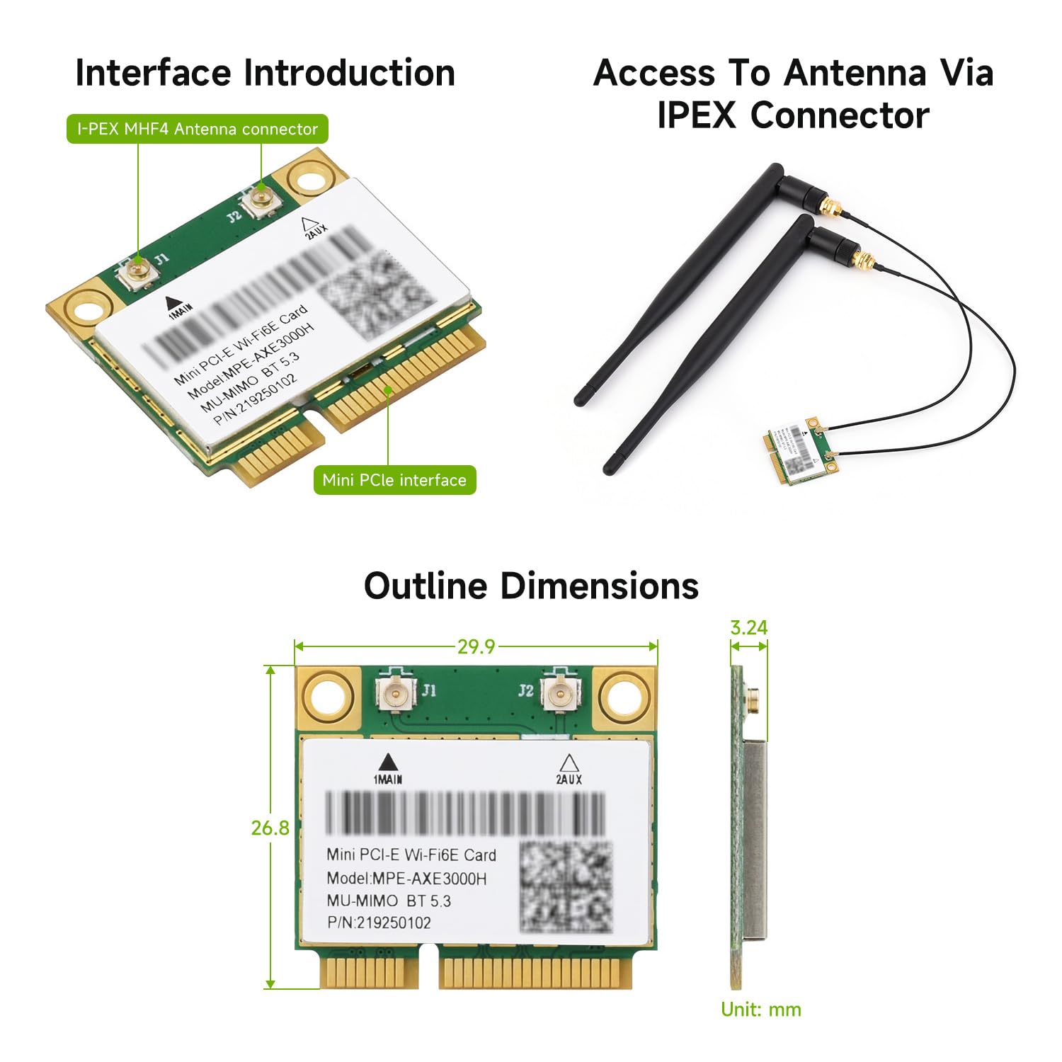 Waveshare Wireless MINIPCIE AX210 NIC, Compatible with Linux, Windows 10/11, Gigabit Tri-Band Wi-Fi 6E, 802.11AX Standard, Bluetooth 5.3
