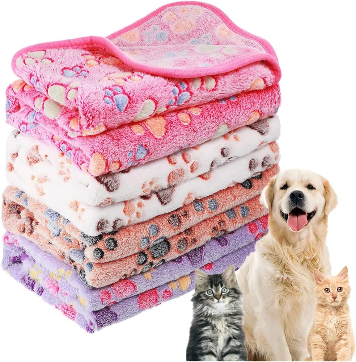 4 Pcs Pet Dog Fleece Blanket Paw Print Puppy Blanket for Small Medium Pet Dog Cat Warm Soft Sleep Mat Puppy Kitten Soft Blanket Throw Doggy Warm Bed Mat (White, Coffee, Pink, Purple,Medium)