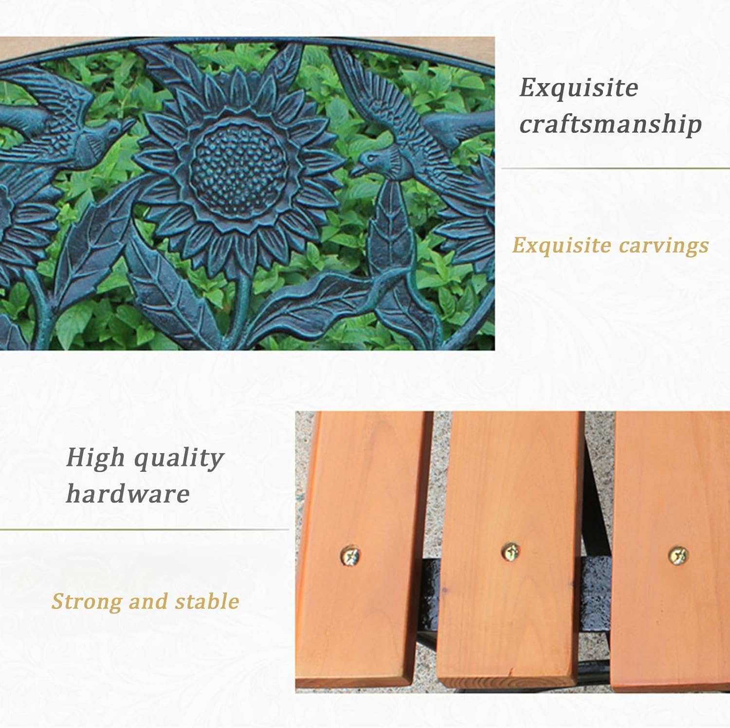 Outdoor Garden Bench, Metal Bench with Pattern Backrest, Park Bench with Arc Armrests, Cast Iron Patio Bench Chair, Balcony Furniture Seating, Weather Resistance Slatted Seat (Color : Natu