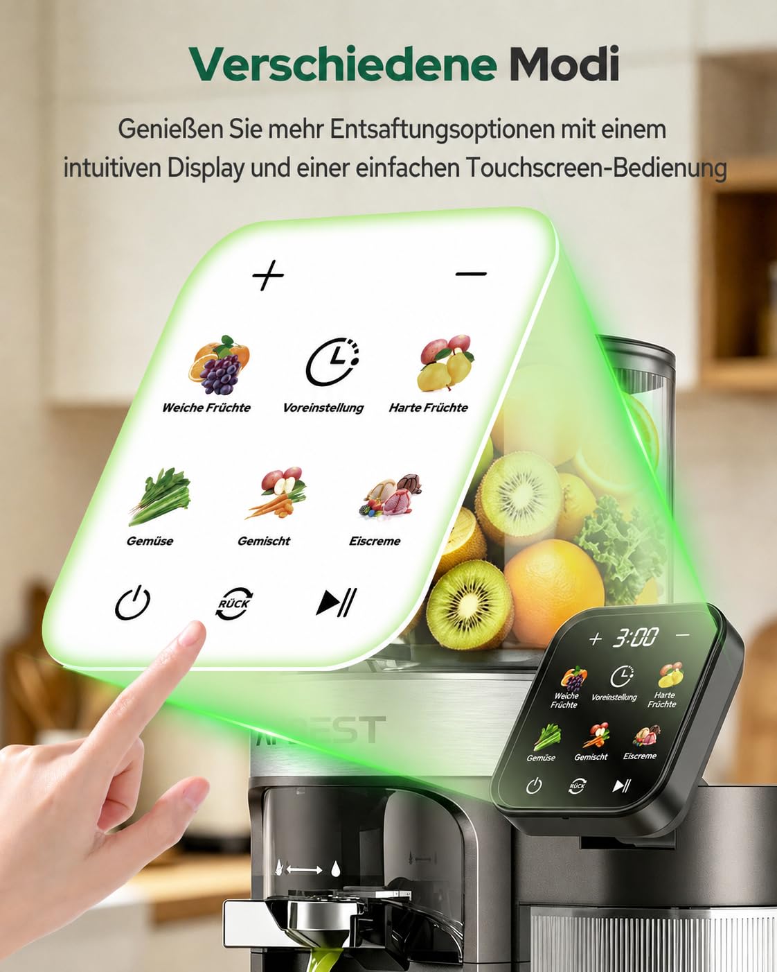 2026 Verbesserter Slow Juicer, Entsafter mit 155 MM Breitem Einfüllschacht und 2,5 L Einfülltrichter, 3-in-1 Smart Touch Juicer Machine für ganze Früchte/Gemüse, Sorbet und Nussmilch (Gray-B)