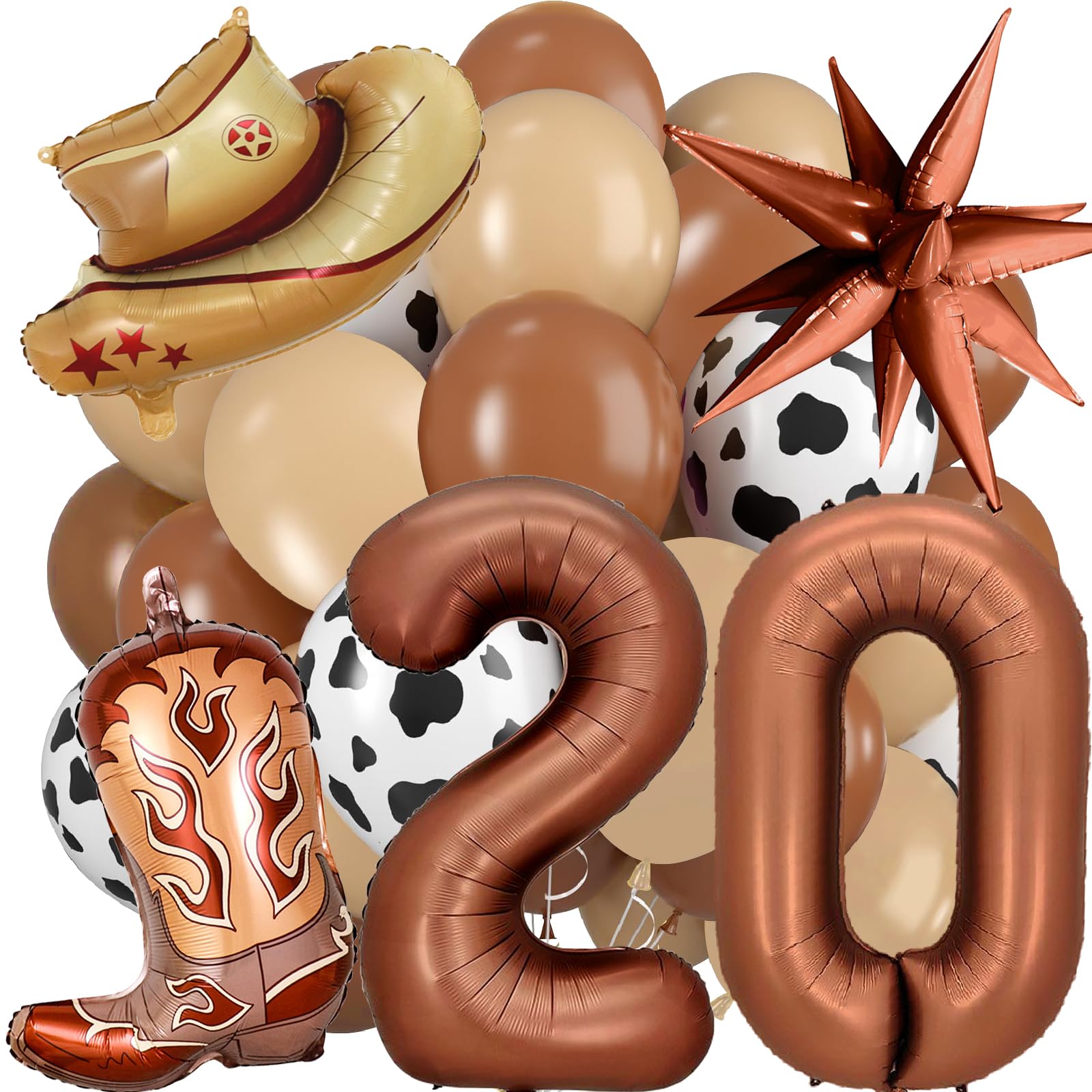 Western Cowboy Party Decorations, 40 Inch Foil Brown Number 20 Balloons, Latex Cowboy Balloons for Cowboy Birthday Party Decorations for Boy