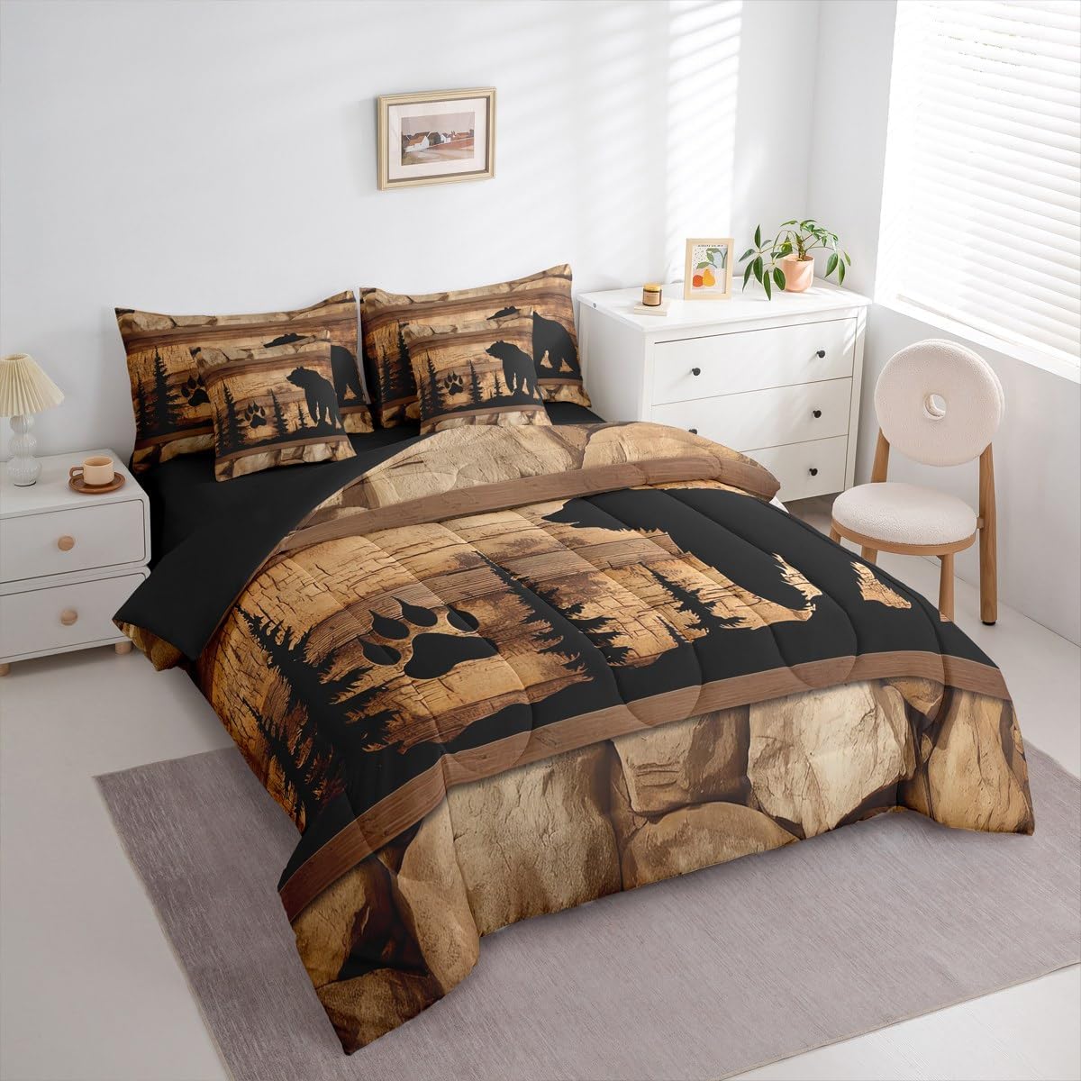 Erosebridal Black Bear Queen Comforter Set 7 Pieces,Bed in a Bag Queen,Woodland Animals Paw Print Pine Trees Bedding Set with Brown Rustic Lodge Cabin Comforter,Flat Sheet,Fitted Sheet,Pillowcasess