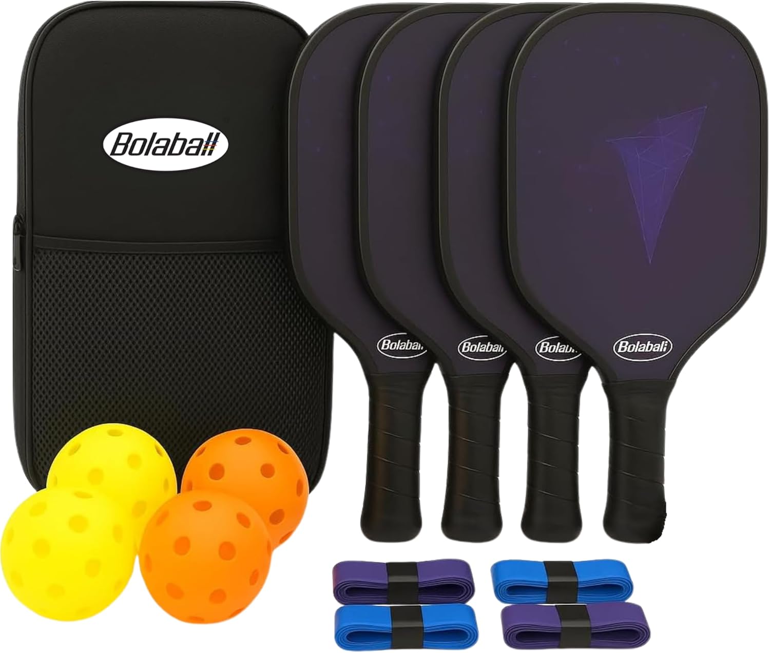 Bolaball Pickleball Paddles Set of 4 | Fiberglass Pickleball Paddle with 4 Pickleball Balls, 4 Grip Tapes, 1 Mesh Ball Bag & 1 Carry Bag | Pickleball Set for Indoor & Outdoor Games, Outdoor Sports