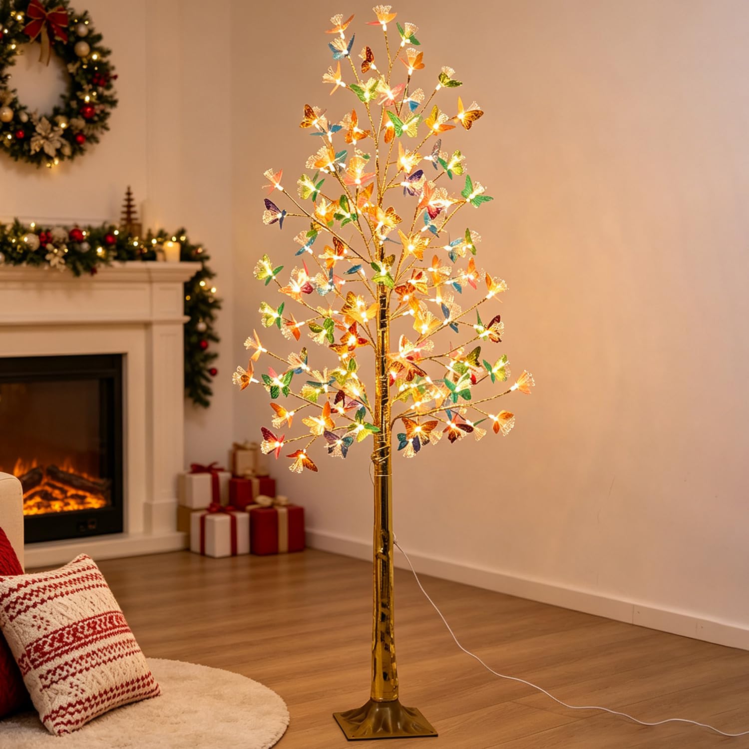 Arbre lumineux d'intérieur 180 cm, arbre LED avec 96 fleurs et lumière chaude, plante artificielle avec éclairage, sapin de Noël avec prise et câble, lampe décorative d'intérieur et d'extérieur