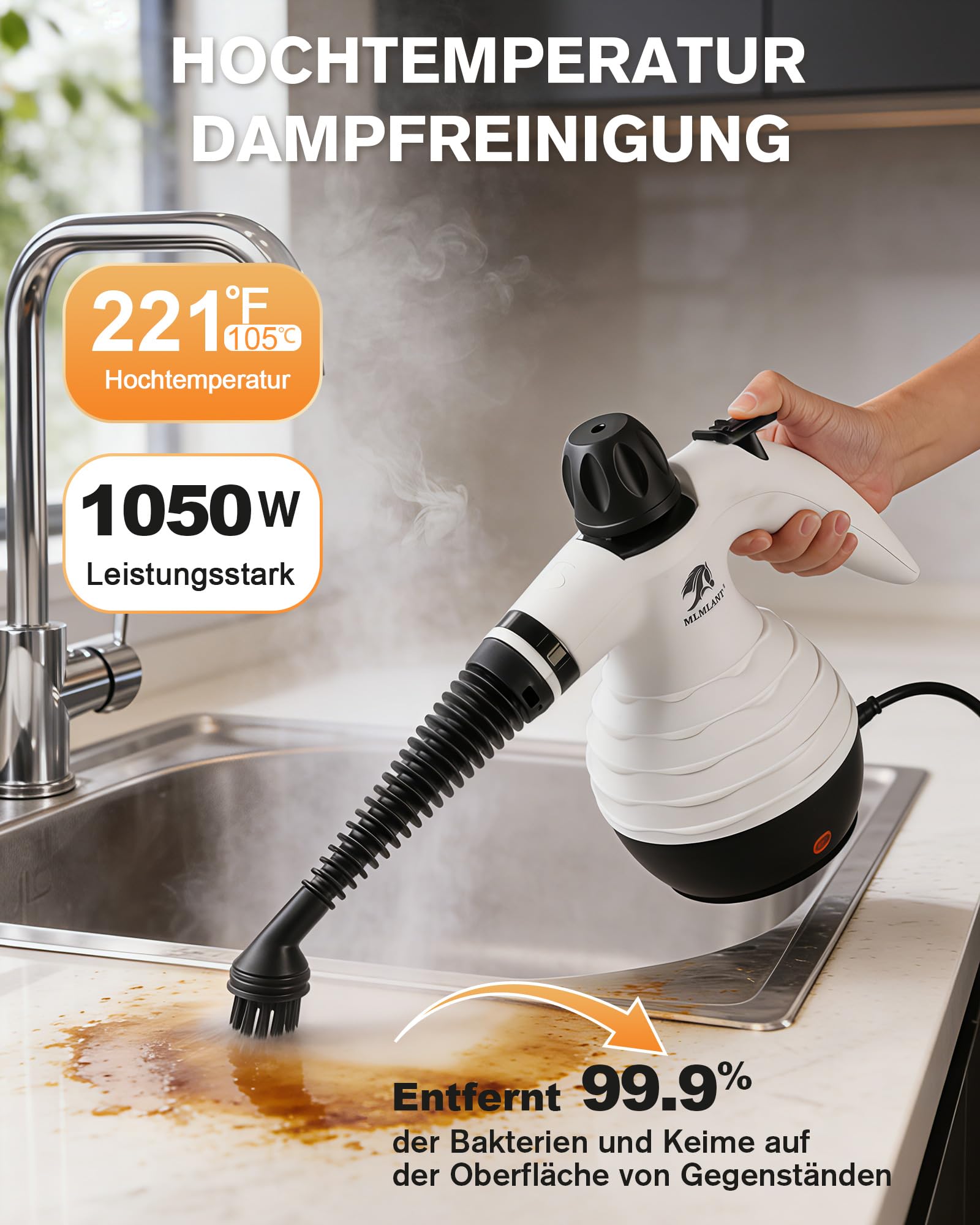 MLMLANT Dampfreiniger, Multifunktionaler Tragbarer Dampfreiniger mit Sicherheitsverriegelung und 10-teiligem Zubehörset, geeignet für Teppiche, Sofas, Polstermöbel, Matratzen, Autositze, und mehr