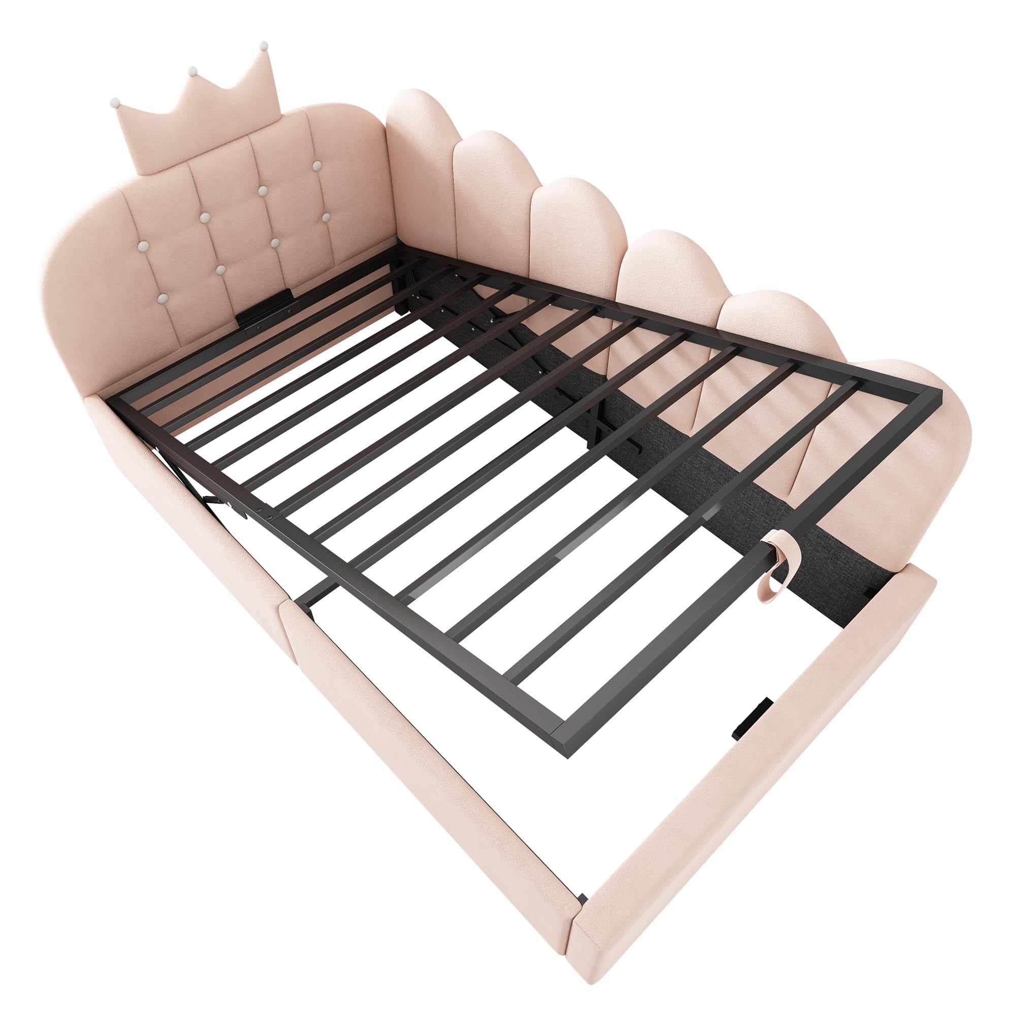 Mrwoo Cama día 90x190 cm con Almacenamiento Hidráulico, Sofá Cama con Diseño de Corona y Rejilla, Cama Infantil, Terciopelo, Rosa(Sin Colchón)