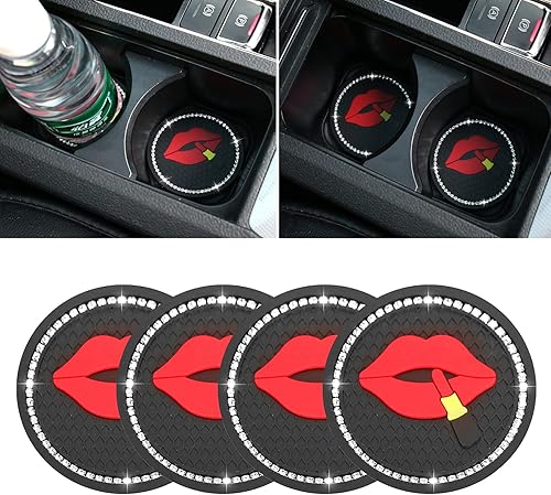 Miniatura 8 de Paquete de 4 posavasos brillantes para automóvil, de 2.75 pulgadas, con diamantes de imitación de cristal, de goma suave, soporte redondo para rosado