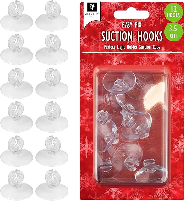 AKH® Light Holder Suction Cups | Pack of 12 | 35mm Rubber Sucker Pads with Slitted Hole to Hold String Lights in Place | Strong Hanging Hook for Hanging Light String On Mirror Glass Wall Windows